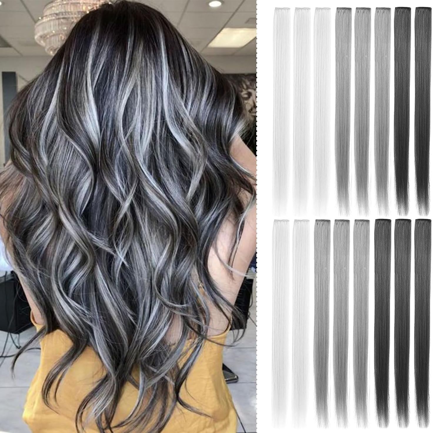 15 extensiones de cabello sintético de colores, multicolor, con reflejos, para fiestas, de 20 pulgadas (negro, gris, blanco, gris, gris claro)