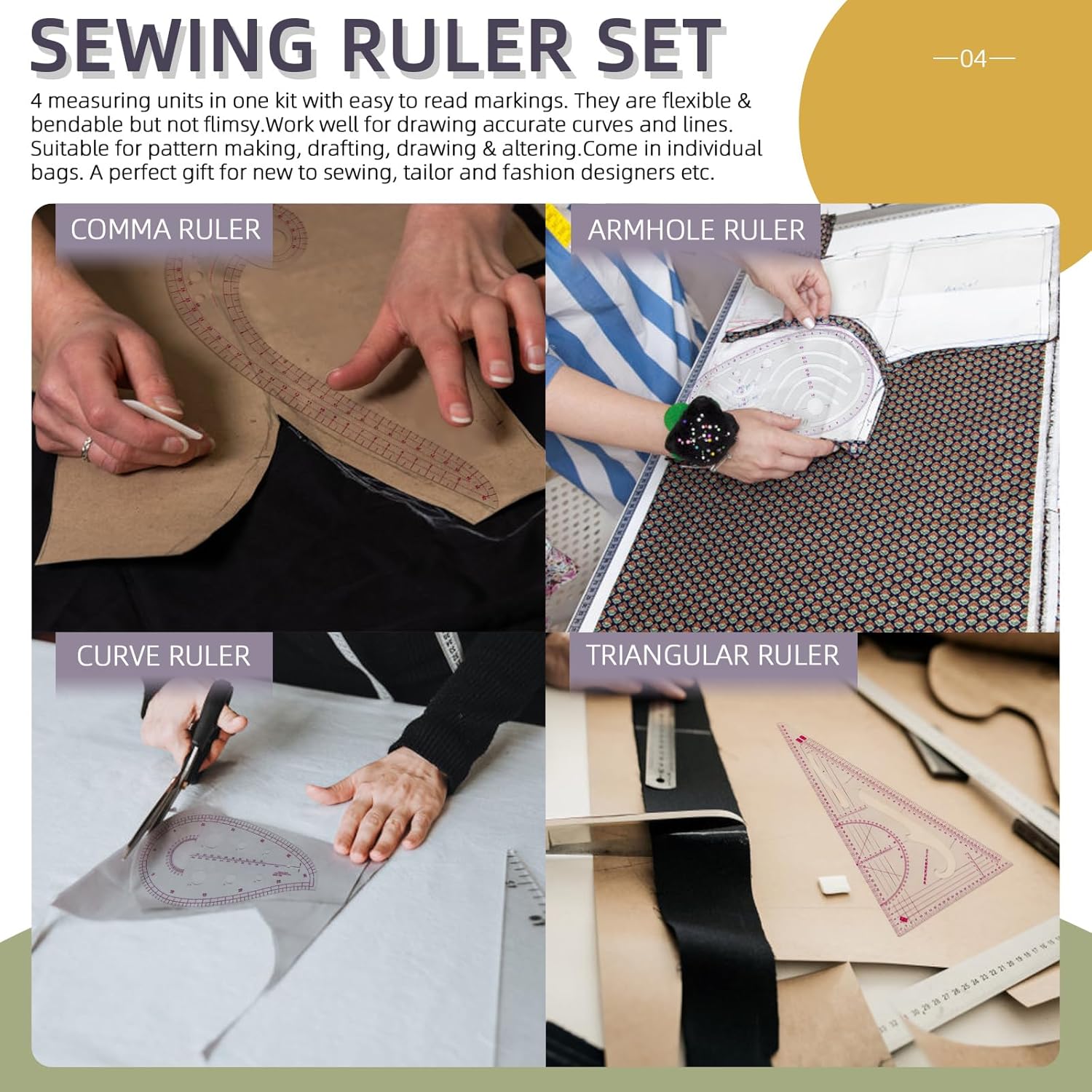 Swpeet Kit de regla de costura métrica transparente de 33 piezas con triangular, curva, regla de coma, clips de plástico de varios colores, tiza