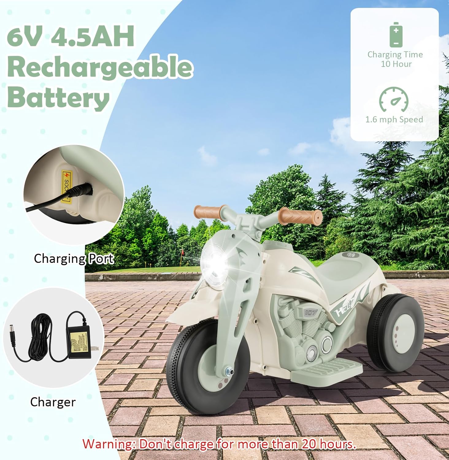 HONEY JOY Motocicleta de paseo de 6 V con fabricante de burbujas, luz LED, música, pedal de pie, adelanteatrás, motocicleta eléctrica de 3 ruedas