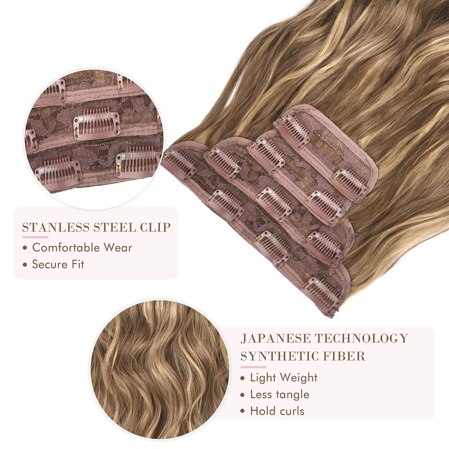REECHO Extensiones de cabello, 4 extensiones de cabello con clip, HE001, extensiones de cabello sintético suave natural para mujer, marrón claro con