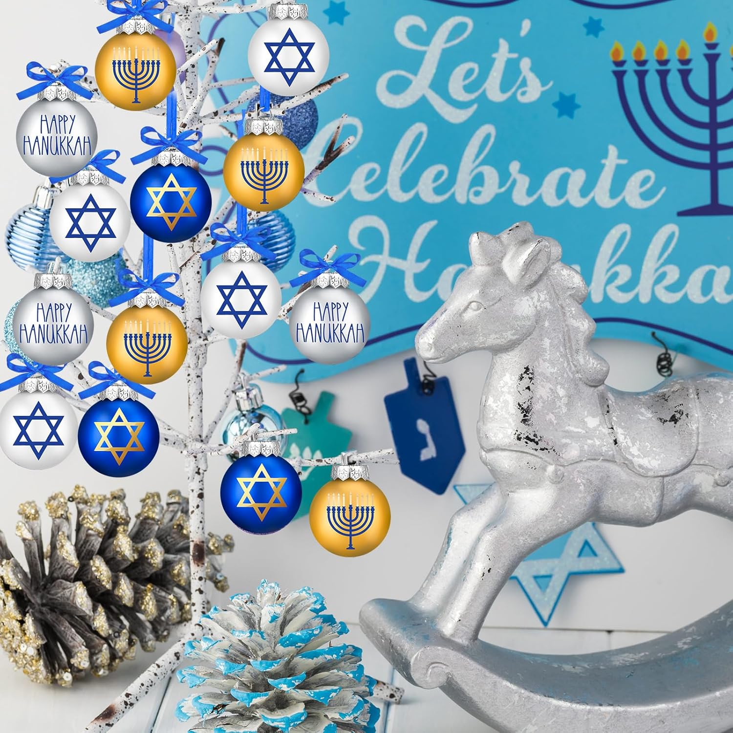 Tioncy 16 adornos de bola de Hanukkah, decoraciones judías de Janucá, juego de adornos de estrella de David, adornos decorativos de Janucá, bolas