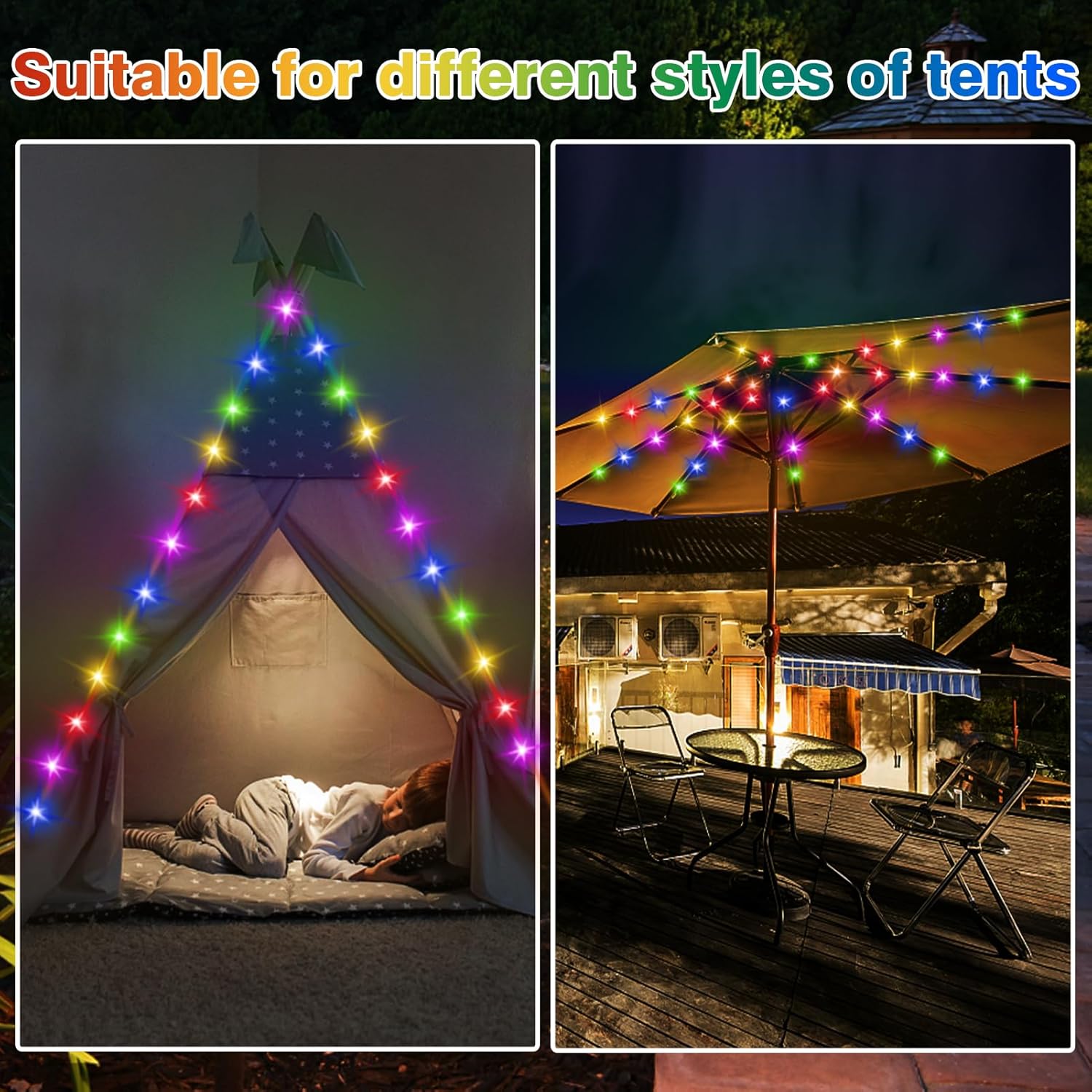Luces LED de toldo de 42.6 pies con energía solar y USB, control remoto, luces multicolor, tiempo de uso más largo, luces más brillantes, luces de