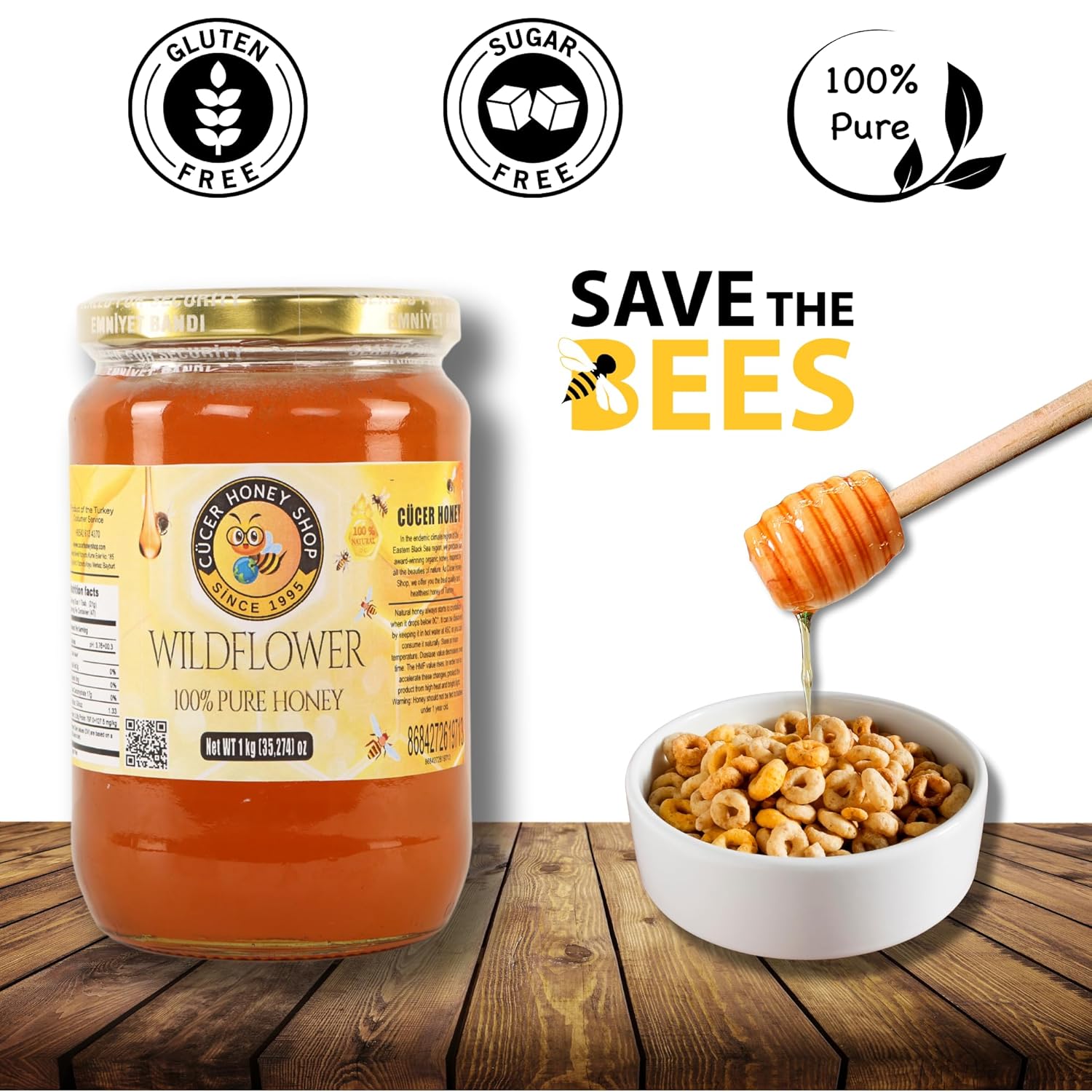 Cucer Honey Shop – Miel turca de flores silvestres 100% pura miel orgánica para aperitivos, tarro de miel natural, 35,274 onzas (2.20)