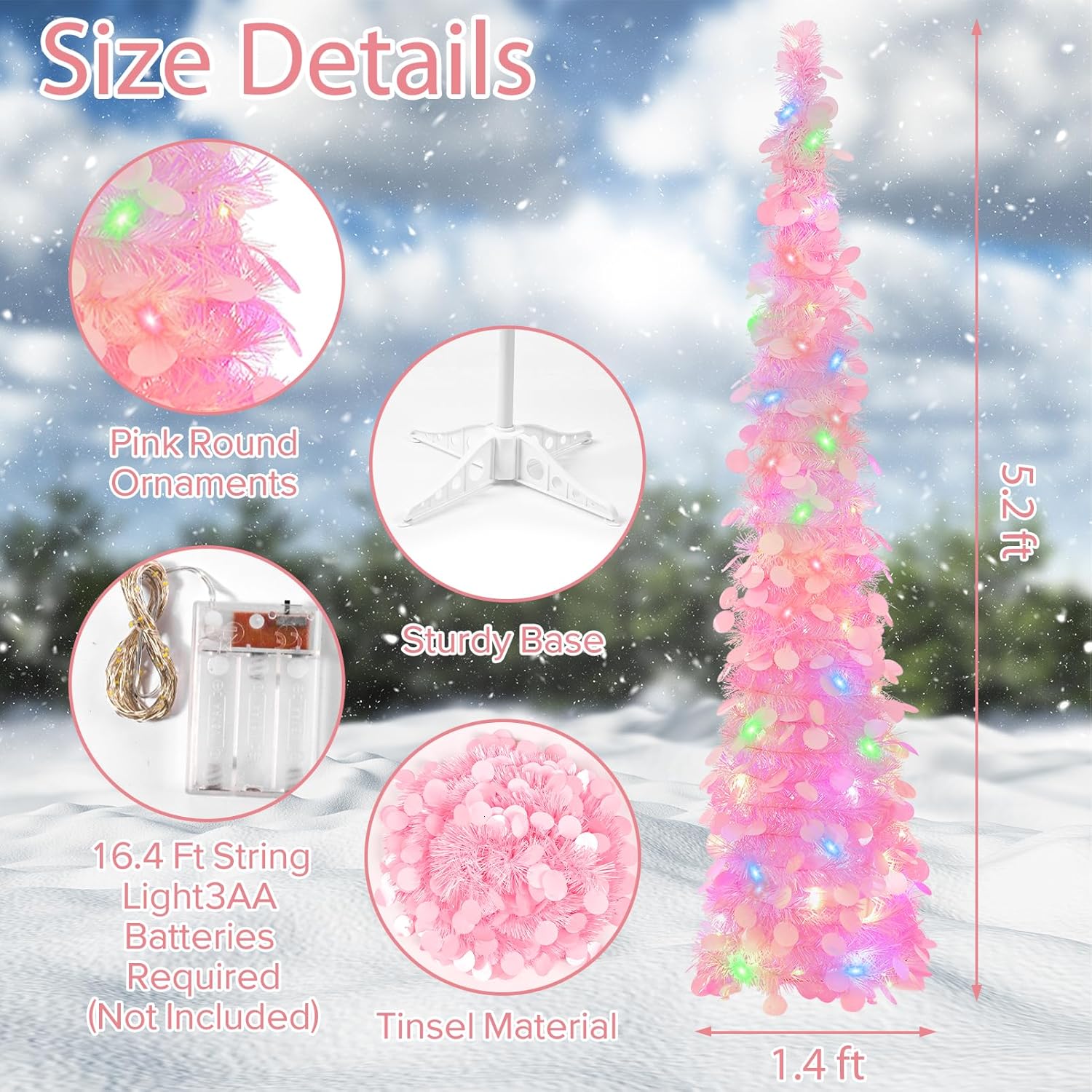 GlyinnHe Árbol de Navidad de oropel desplegable de 5 pies con 50 luces multicolores, lápiz de Navidad preiluminado con lentejuelas rosas, funciona