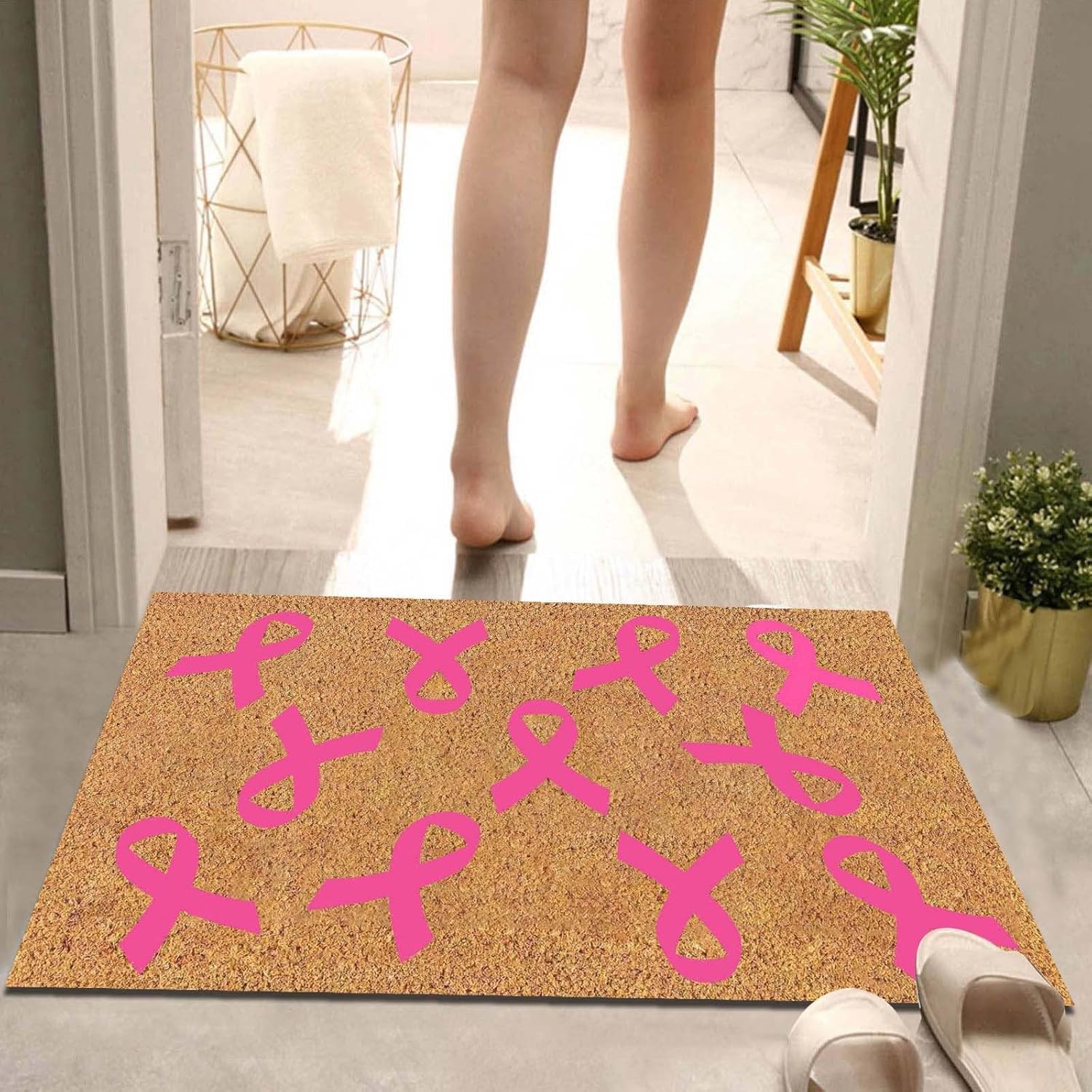 Tapete para puerta exterior, tapete para puerta de entrada interior, divertido, lavable, de 23 x 16 pulgadas, para concientización sobre el cáncer
