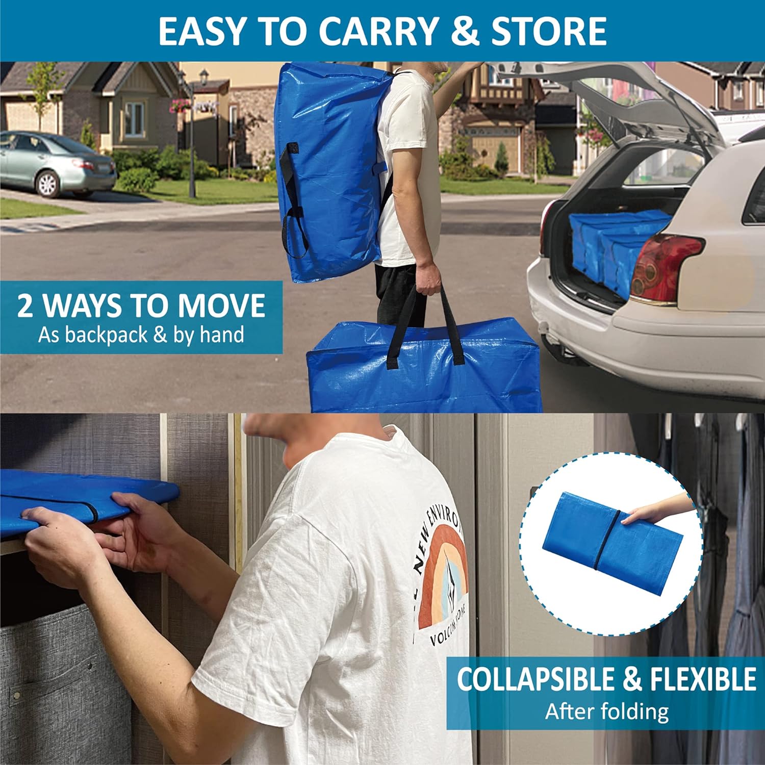 Paquete de 4 bolsas de mudanza extra grandes resistentes con correas de mochila y suministro de almacenamiento al vacío, asas y cremalleras para