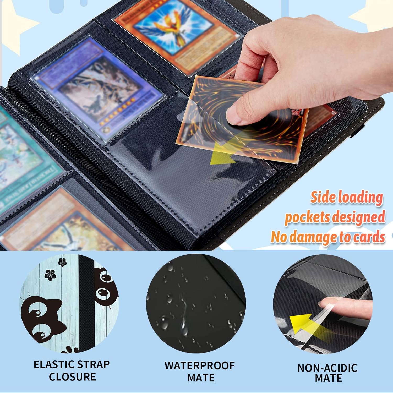 Carpeta para tarjetas coleccionables de 4 bolsillos, 160 tarjetas, libro con banda elástica que se adapta a la mayoría de tarjetas de tamaño
