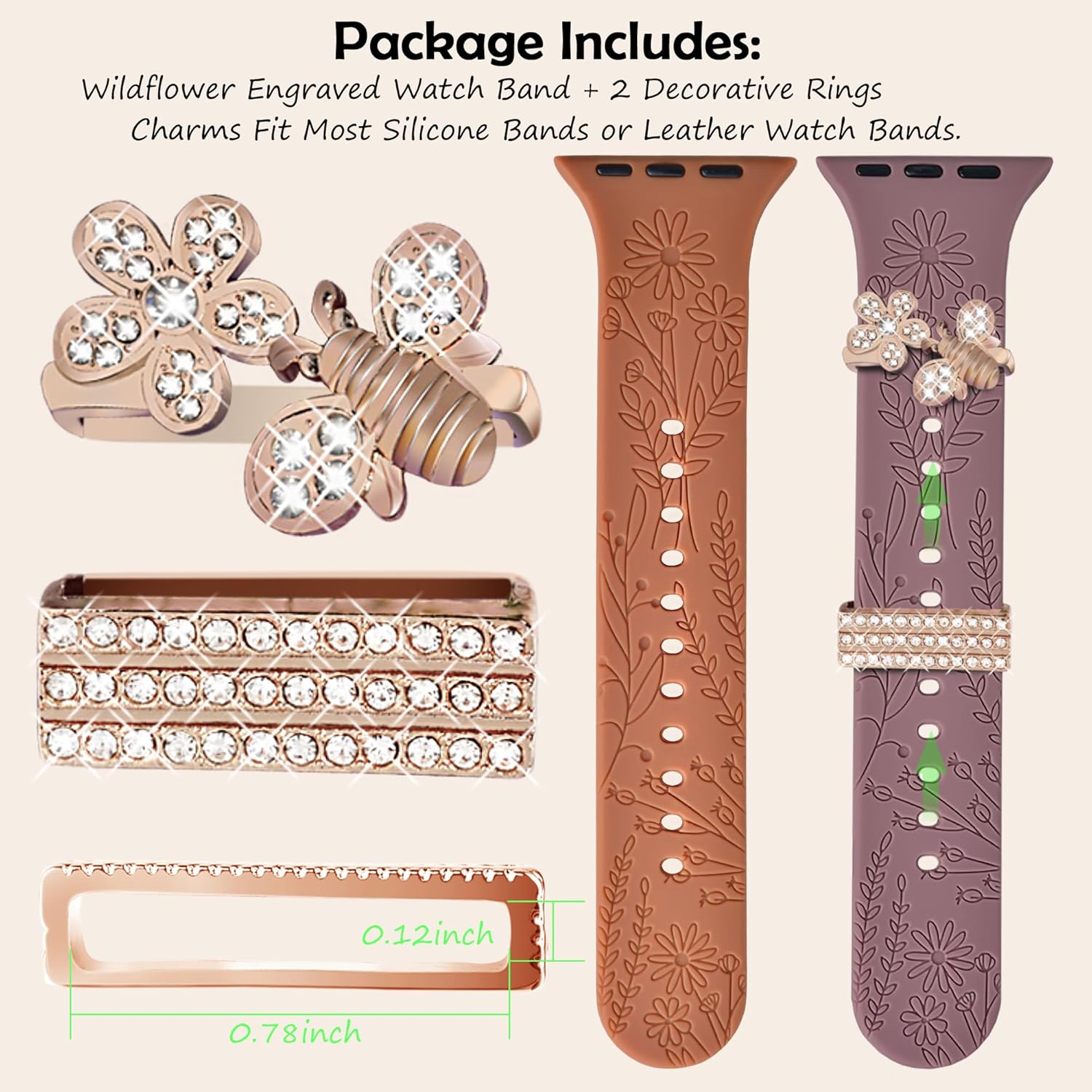 YOPICKERN Paquete de 4 correas grabadas florales con dijes compatibles con Apple Watch Band de 1.575 pulgadas, 1.614 pulgadas, 1.496 pulgadas,