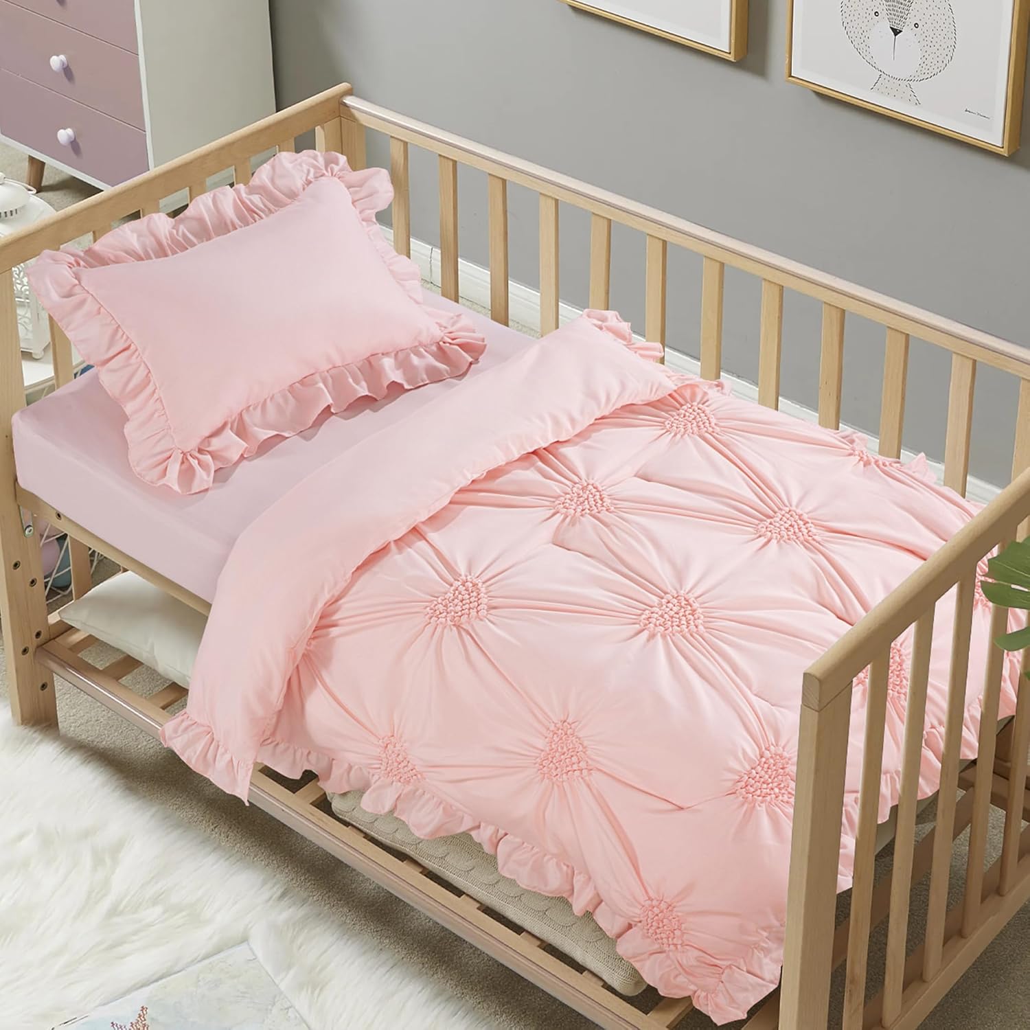 HOMBYS Juego de ropa de cama de 3 piezas para cuna, color rosa princesa, ultra suave, con volantes, para todas las estaciones