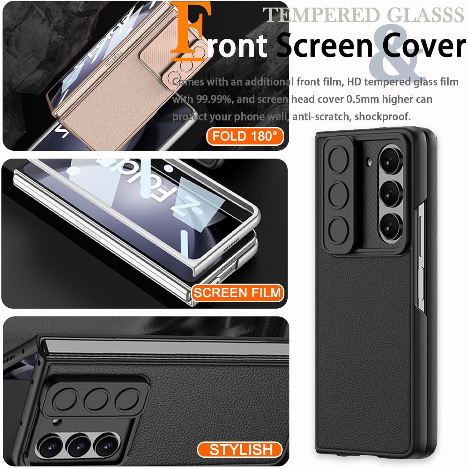 Miimall Funda de piel compatible con Samsung Galaxy Z Fold 5, protector de pantalla frontal, funda deslizante para cámara, funda antiarañazos de