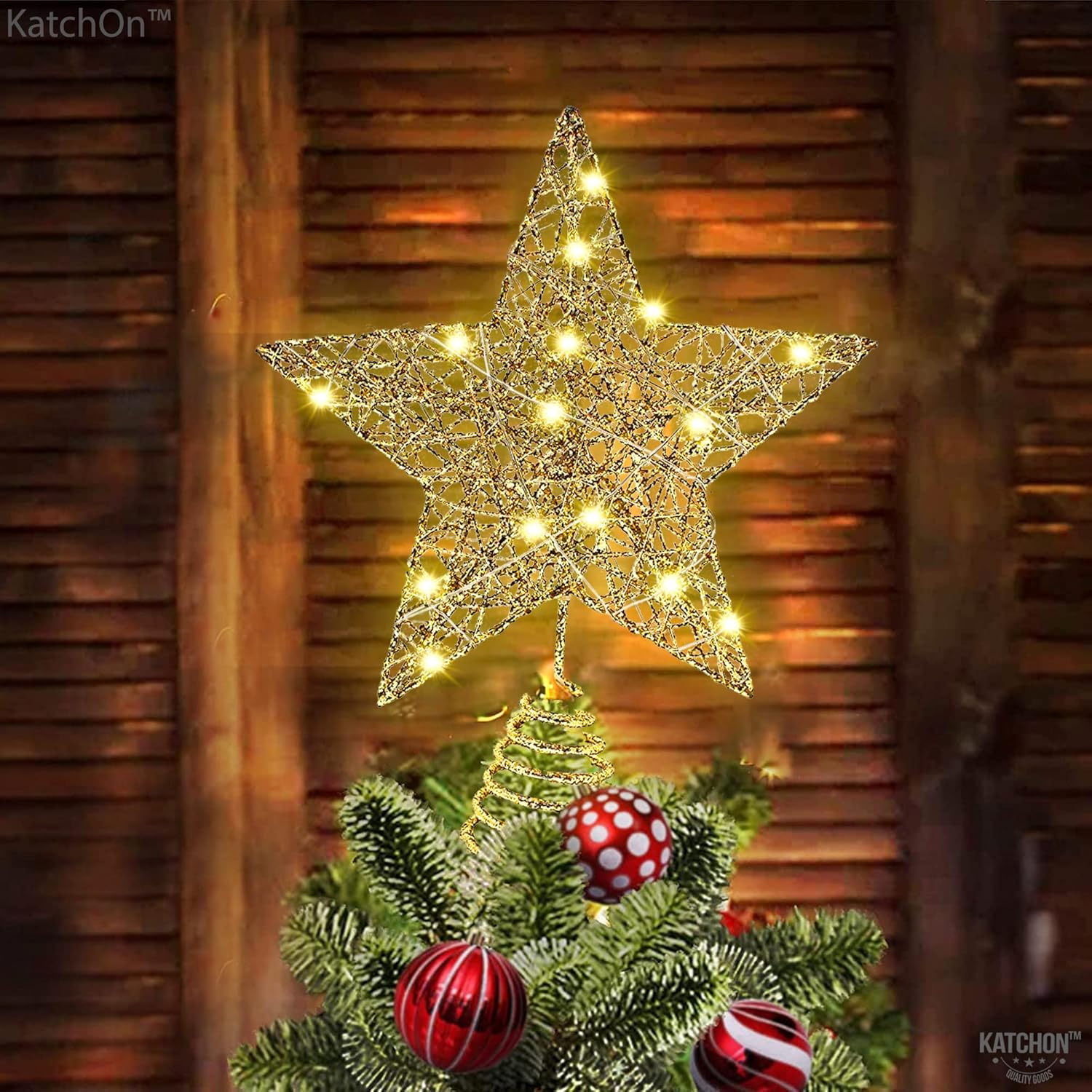 KatchOn, Estrella dorada iluminada para árbol de Navidad, 20 LED, 10 pulgadas, estrella para decoración de árbol de Navidad, decoración de estrella