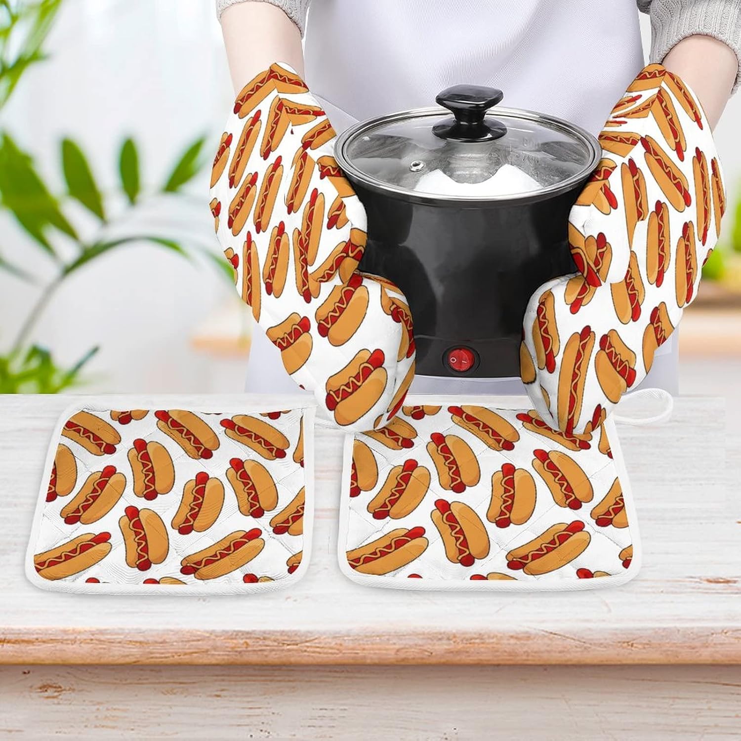 Juego de 4 manoplas de horno y soportes para ollas para perros calientes, resistentes al calor, guantes antideslizantes, decoración de cocina para