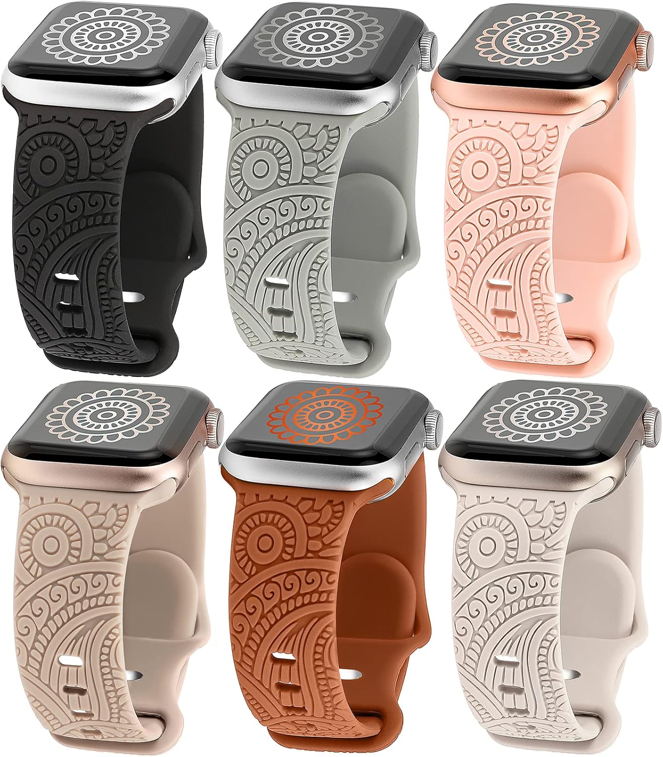 TOYOUTHS Paquete de 6 correas bohemias grabadas compatibles con Apple Watch de 1.772 pulgadas, 1.732 pulgadas, 1.654 pulgadas, 1.732 pulgadas,