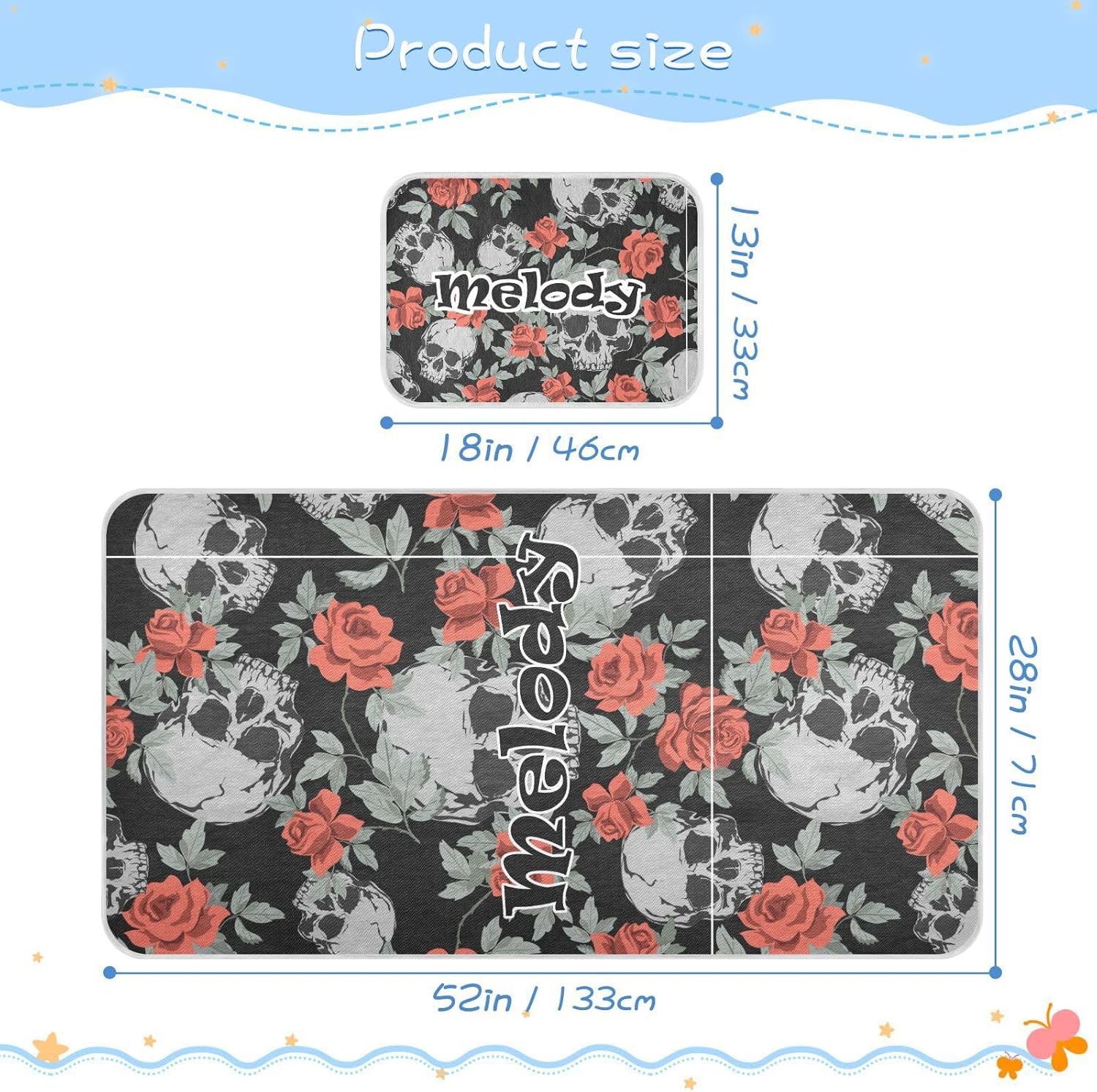 Custom Skulls Vintage Roses Crib Mattress Protector Pad for Boys Girls Baby Ice Silk Mat Bed Toddler Mattress Pad Cooling Mattress Topper Play Mat