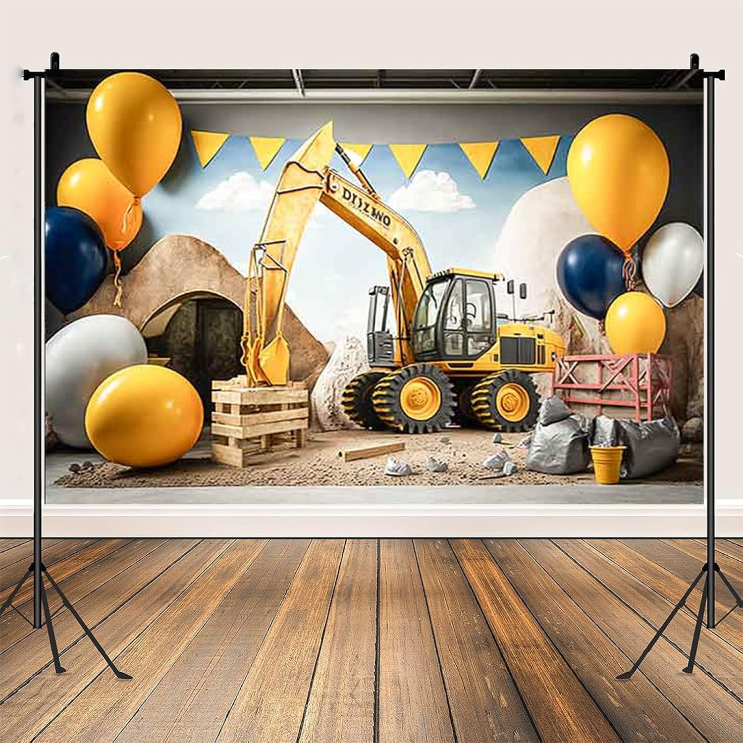 Globos 3D para excavadora, fiesta de cumpleaños, telón de fondo de construcción, tema de construcción, excavadora, grúa, fondo de fotos para fiesta