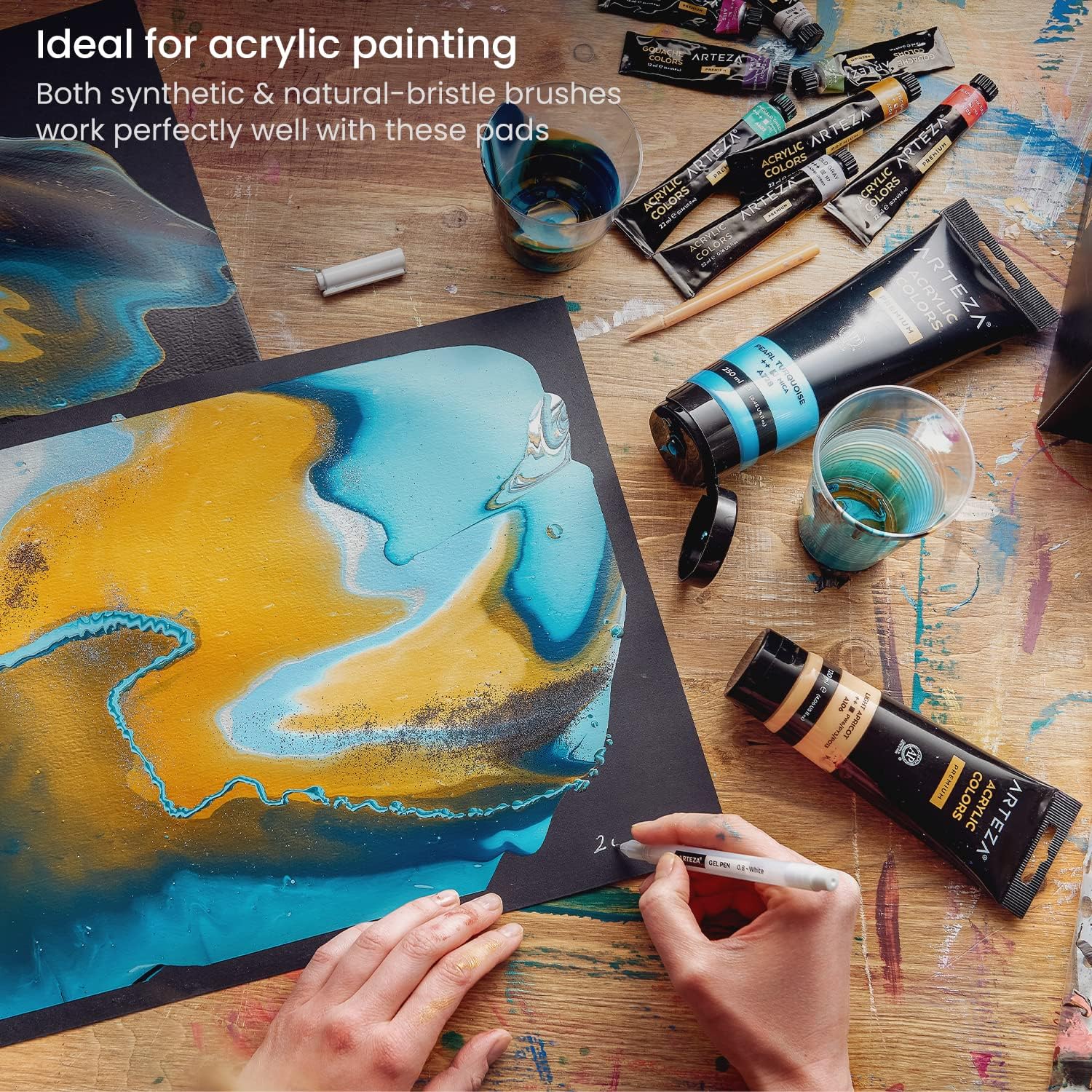 Arteza Bloc acrílico, paquete de 2, negro, 6 x 6 pulgadas, papel de 246 libras, 16 hojas cada una, suministros de arte para pintura acrílica,