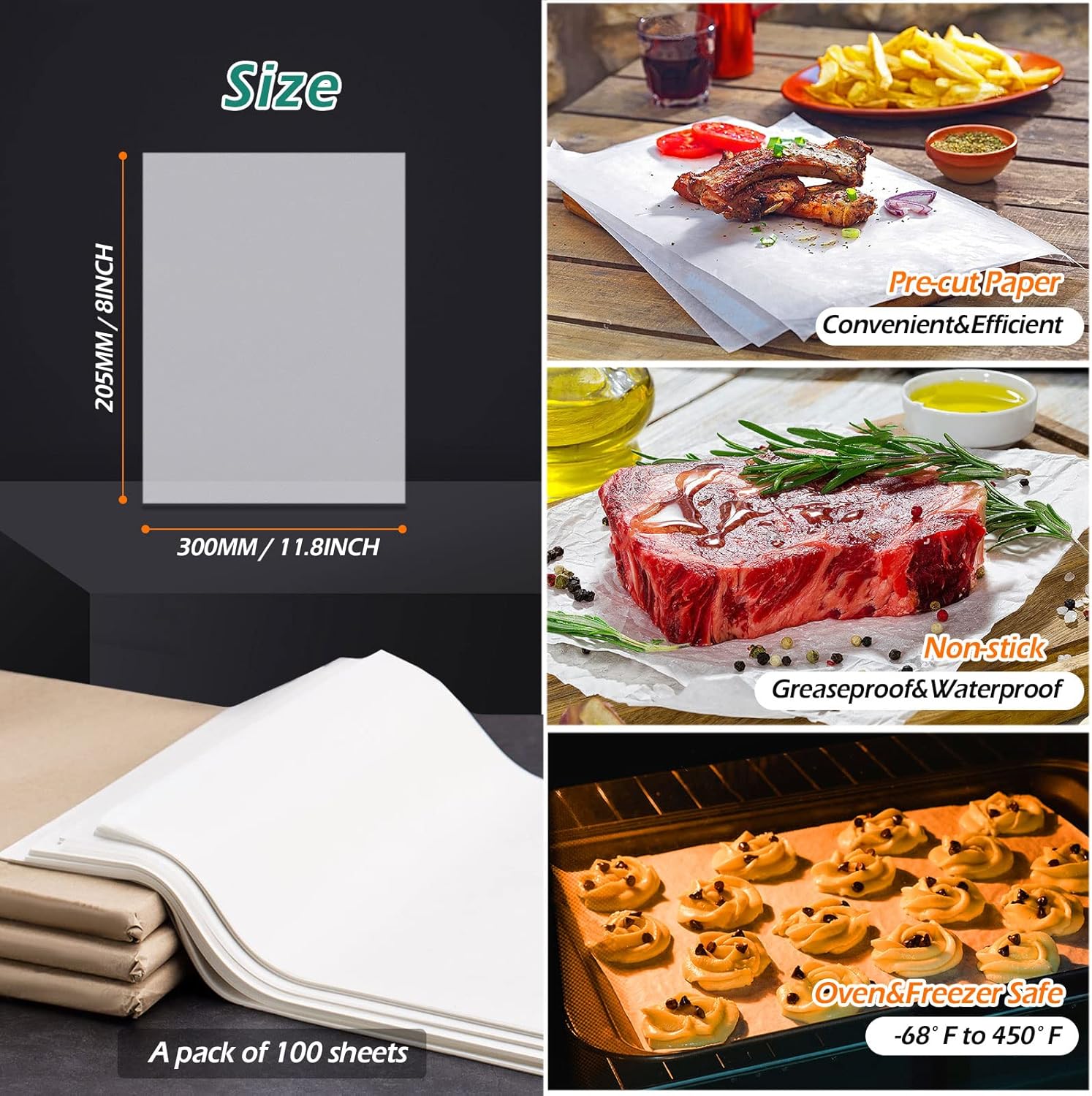 GeeRic Papel pergamino para hornear, 100 hojas de papel pergamino de cocina de 8 x 12 pulgadas, pergamino precortado antiadherente para hornear