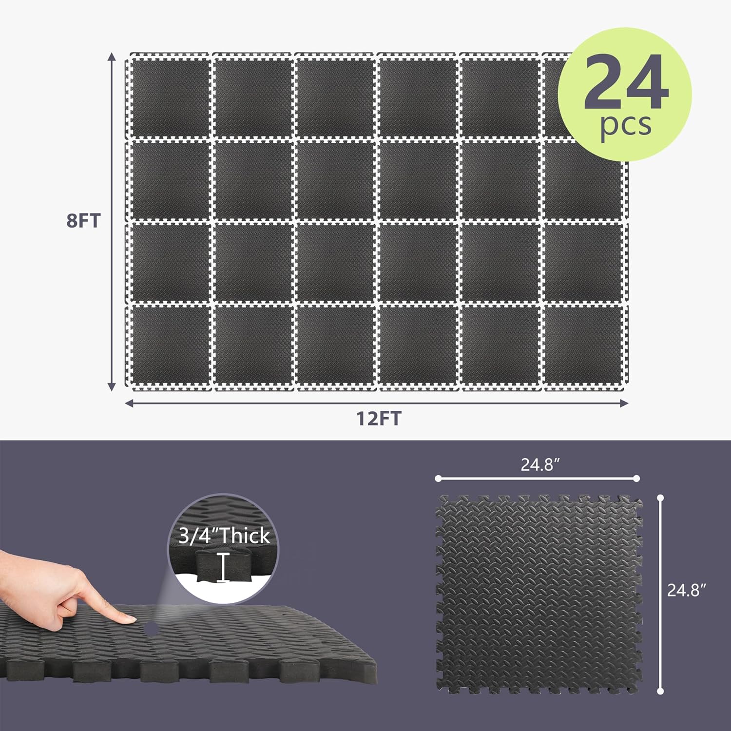 24 Pieces Puzzle Exercise Mat Extra Thick 34 Inches EVA Foam Interlocking Tiles Floor Gymnastics Mat Fitness Equipment Mat for Home Protective