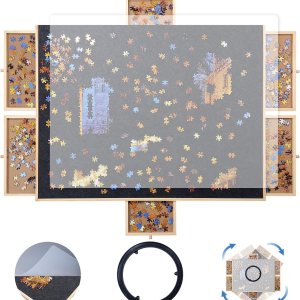 Tablero de rompecabezas de madera de 1500 piezas, 6 cajones, mesa giratoria de rompecabezas de 35 x 27 pulgadas, superficie de fieltro y alfombrilla Tablero de rompecabezas de madera de 1500 piezas, 6 cajones, mesa giratoria de rompecabezas de 35 x 27 pulgadas, superficie de fieltro y alfombrilla