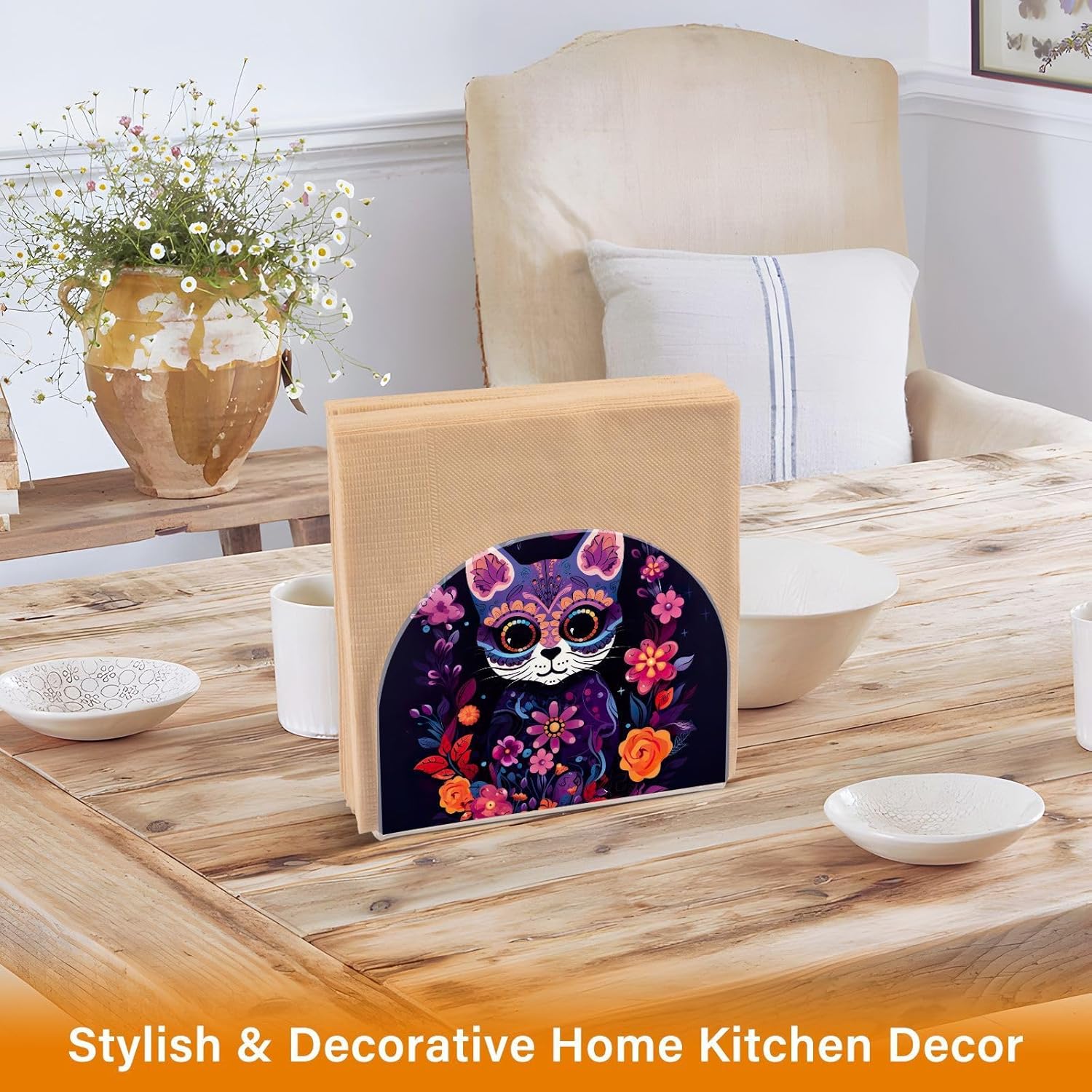 Servilletero de gato con calavera de azúcar de Halloween para mesa, dispensadores de servilletas de tejido acrílico, servilleteros de cóctel para