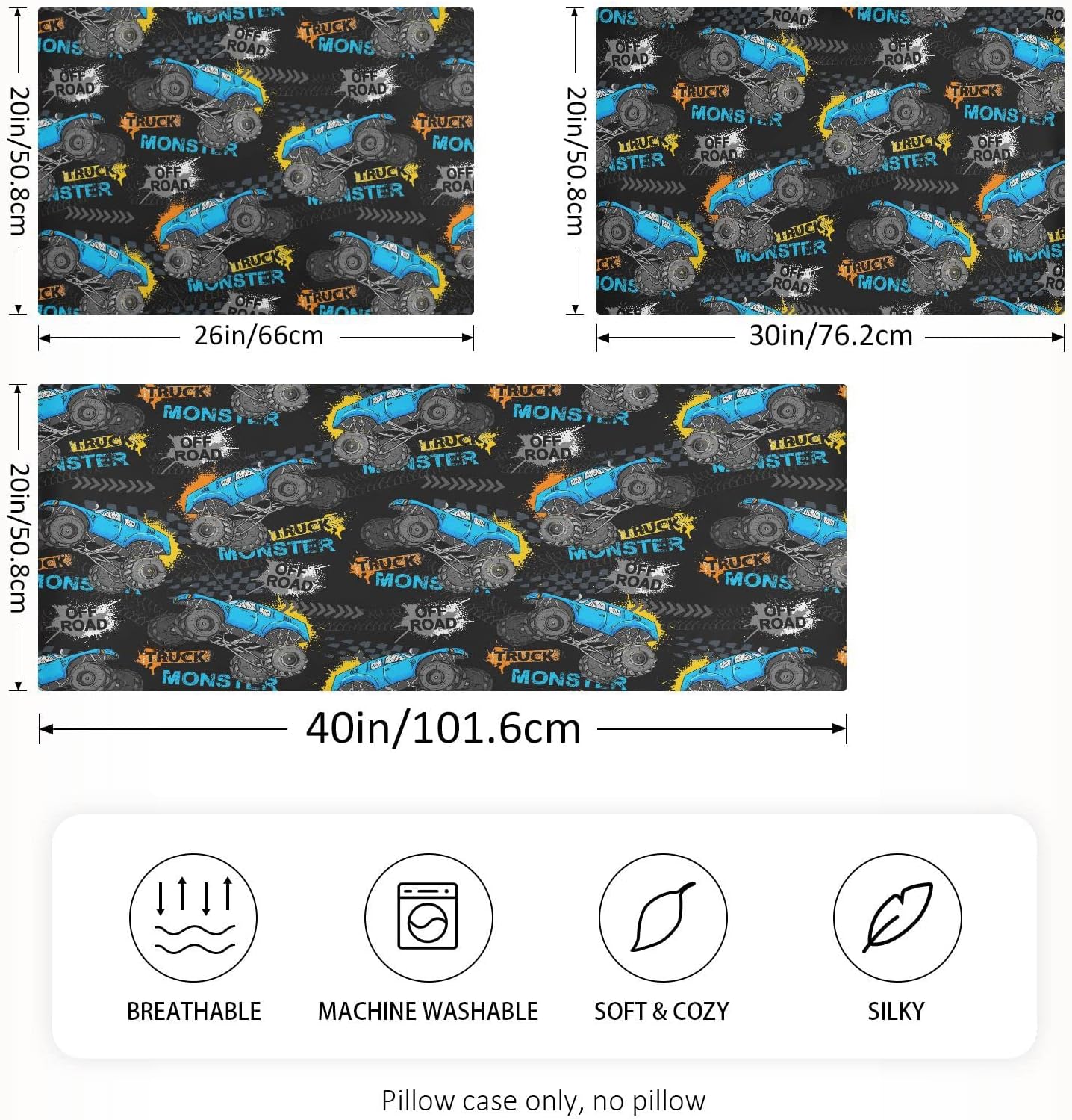 Monster Truck Tires01 Boby – Fundas de almohada de seda para cabello y piel con cierre de sobre, funda de almohada de satén tamaño estándar para