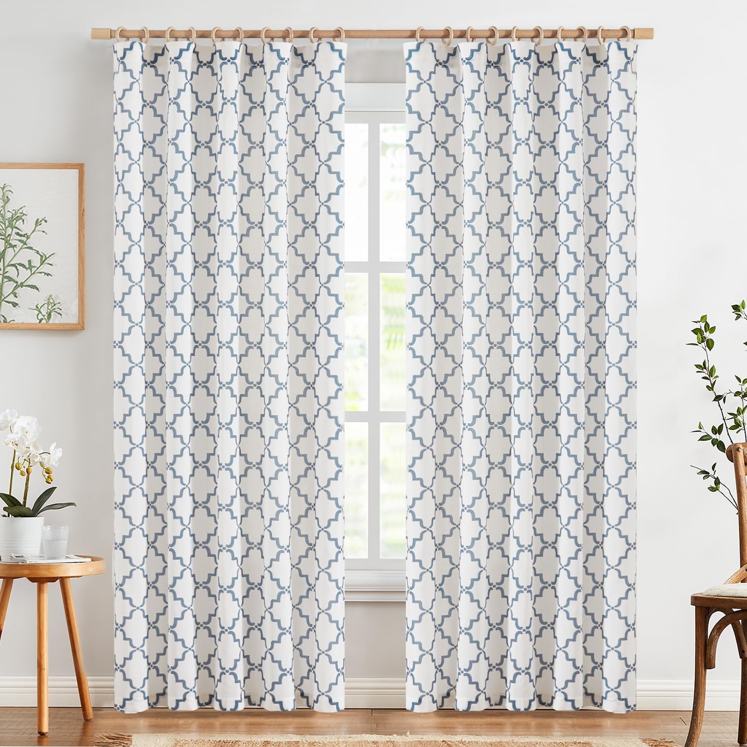 jinchan Cortinas de lino con estampado de enrejado marroquí para sala de estar, cortinas azules de granja de 84 pulgadas de largo, 2 paneles para
