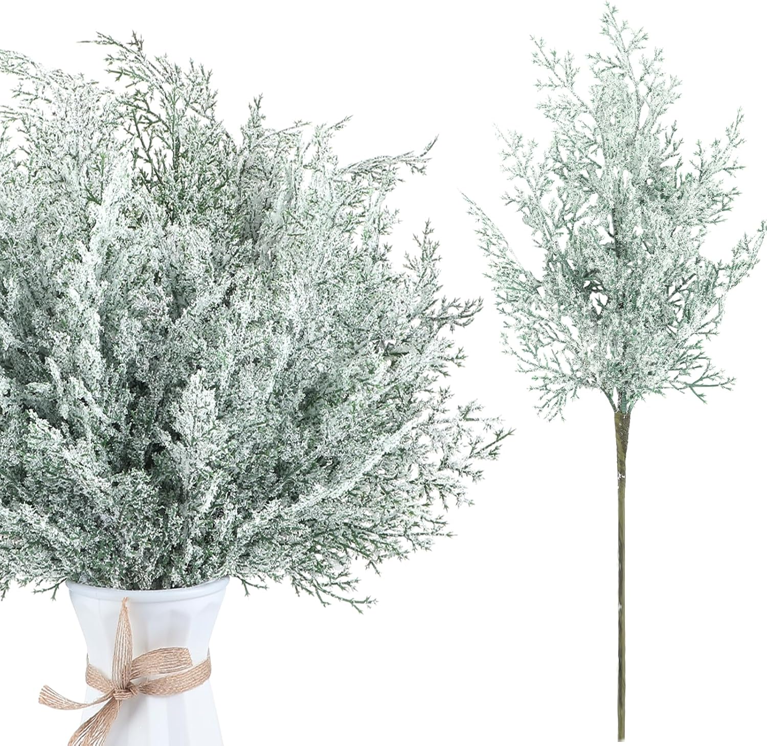Yinder 12 ramas de pino artificial nevadas de 17 pulgadas esmerilado de cedro sintético en aerosoles de Navidad con tallos de pino, ramitas para