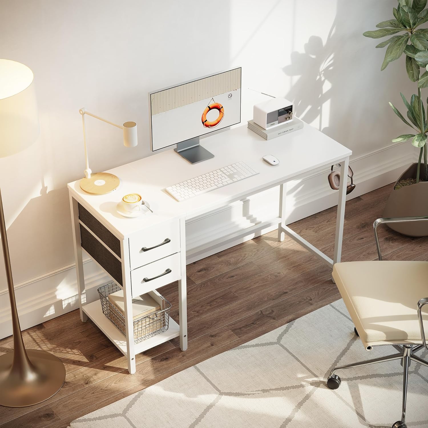 CubiCubi Escritorio de oficina en casa para computadora con 2 cajones, escritorio pequeño blanco de 40 pulgadas, mesa de estudio, escritorio moderno