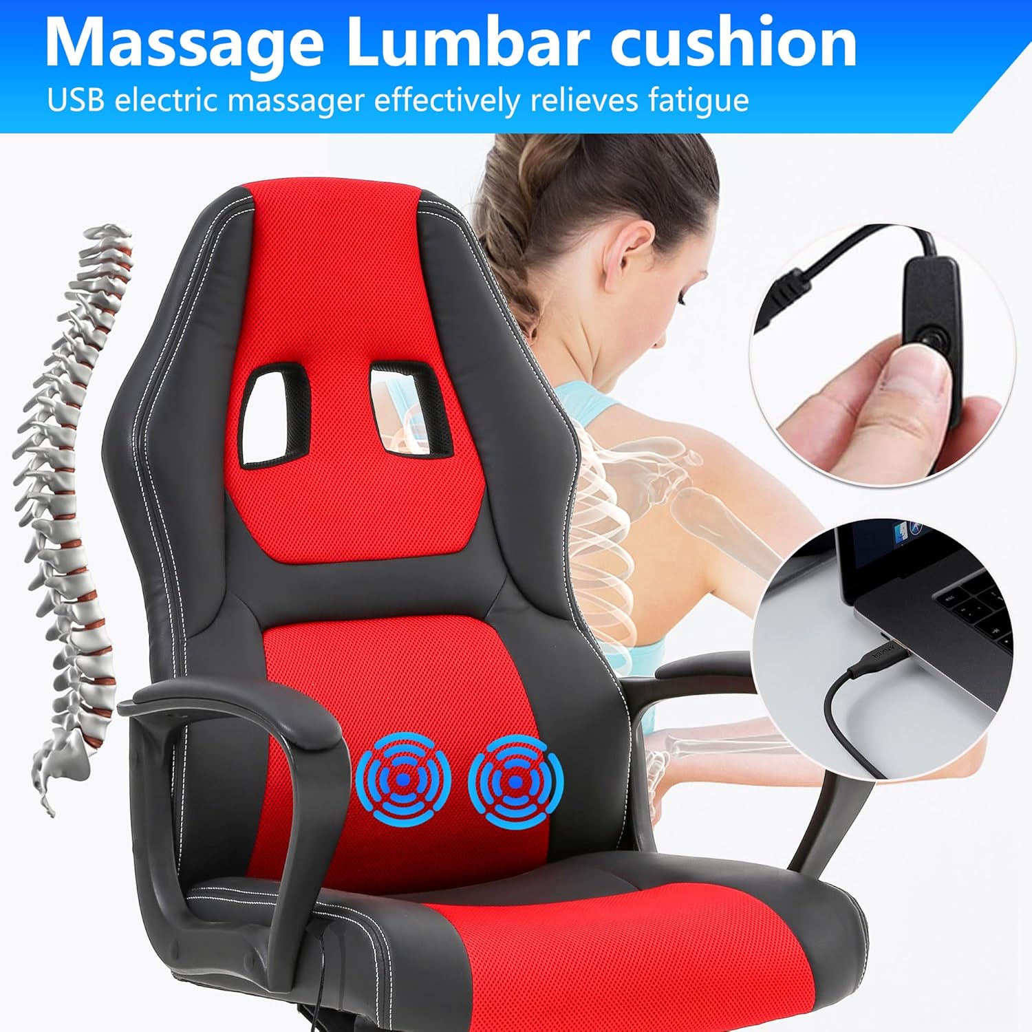 PayLessHere Silla de oficina para videojuegos, soporte ergonómico ajustable de piel sintética, silla de masaje lumbar para carreras, reposacabezas y