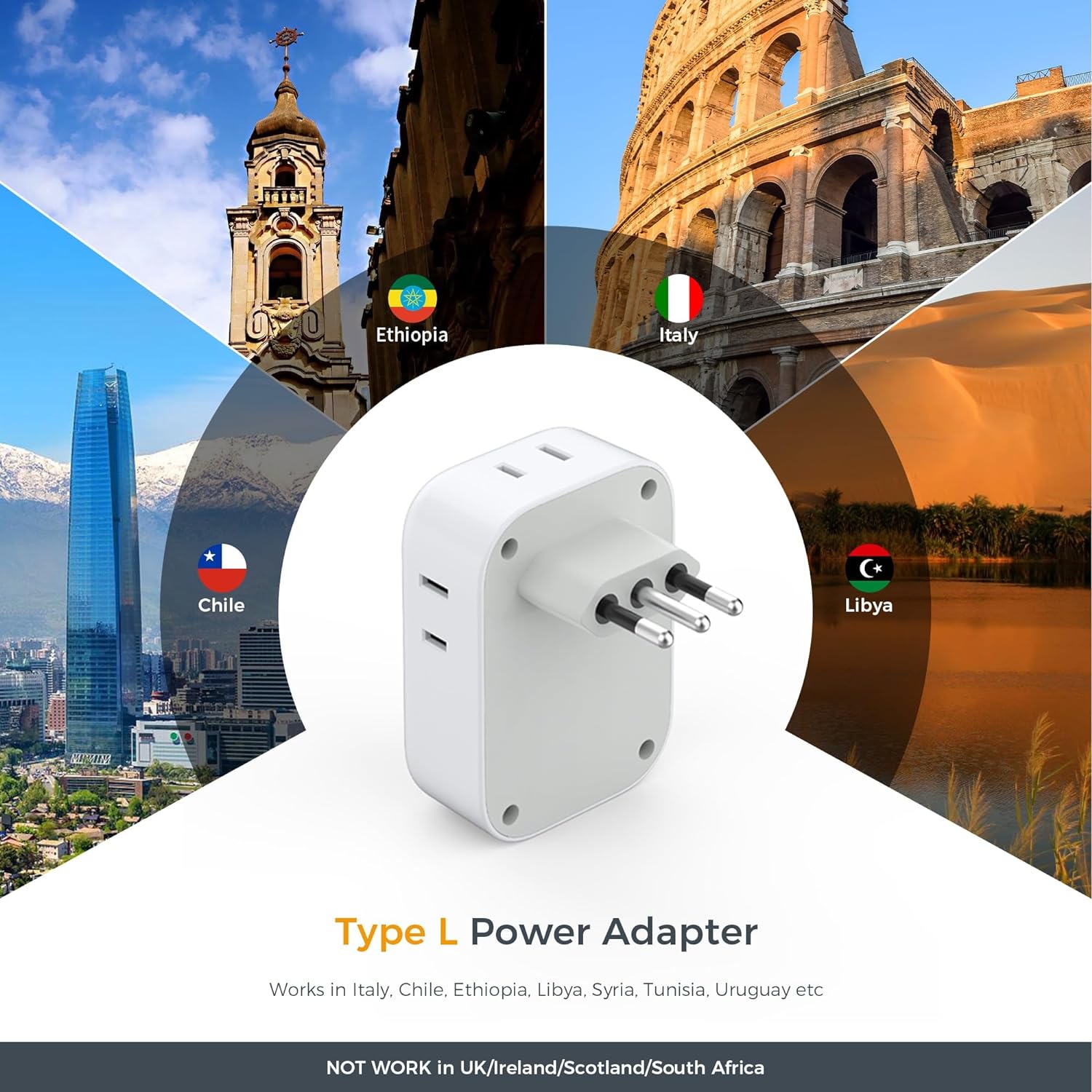 TESSAN – Adaptador de enchufe para Italia, paquete de 2 unidades, adaptador de corriente con 4 tomacorrientes, 3 cargadores USB (1 puerto USB C),