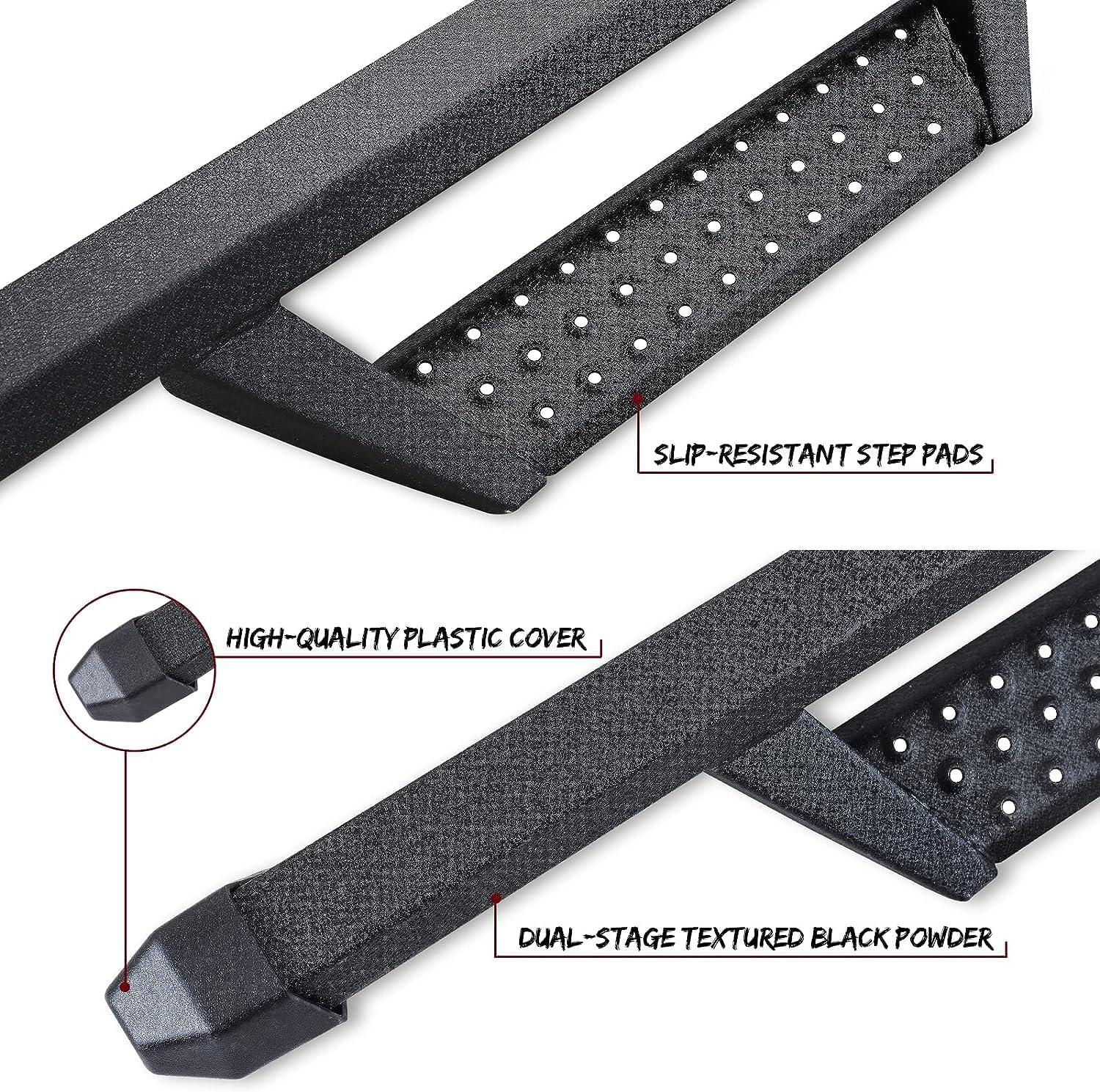 Estribos compatibles con Ford Ranger SuperCrew Cab 2019-2024. Barras laterales de polvo negro texturizado de doble etapa.
