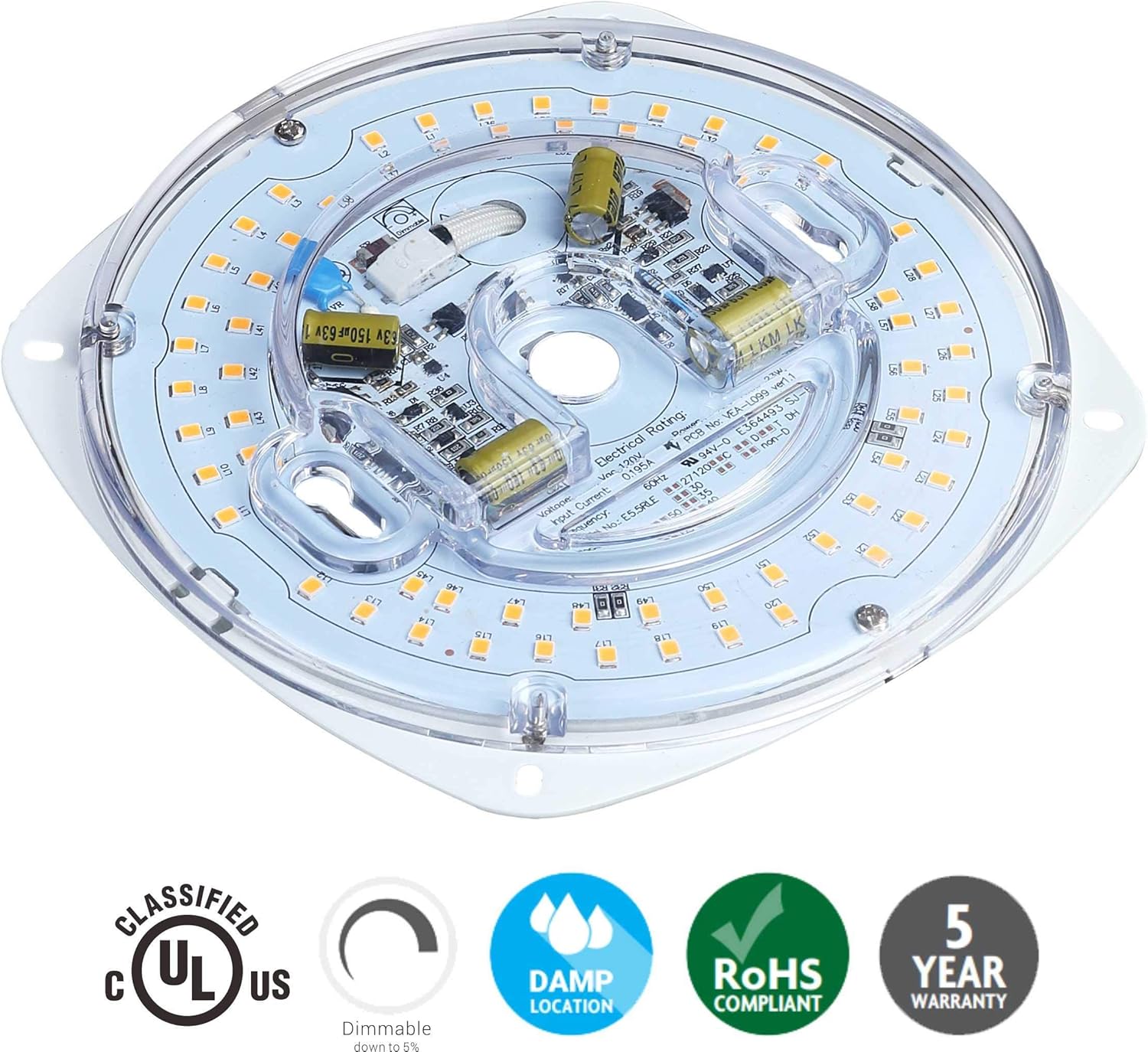 Tamaño PCB de 5.5 pulgadas, tamaño total de 6.73 pulgadas, 23 W, 3000 K, 1700 LM, 120 V, CRI90, motor de luz LED regulable, kit de luz de