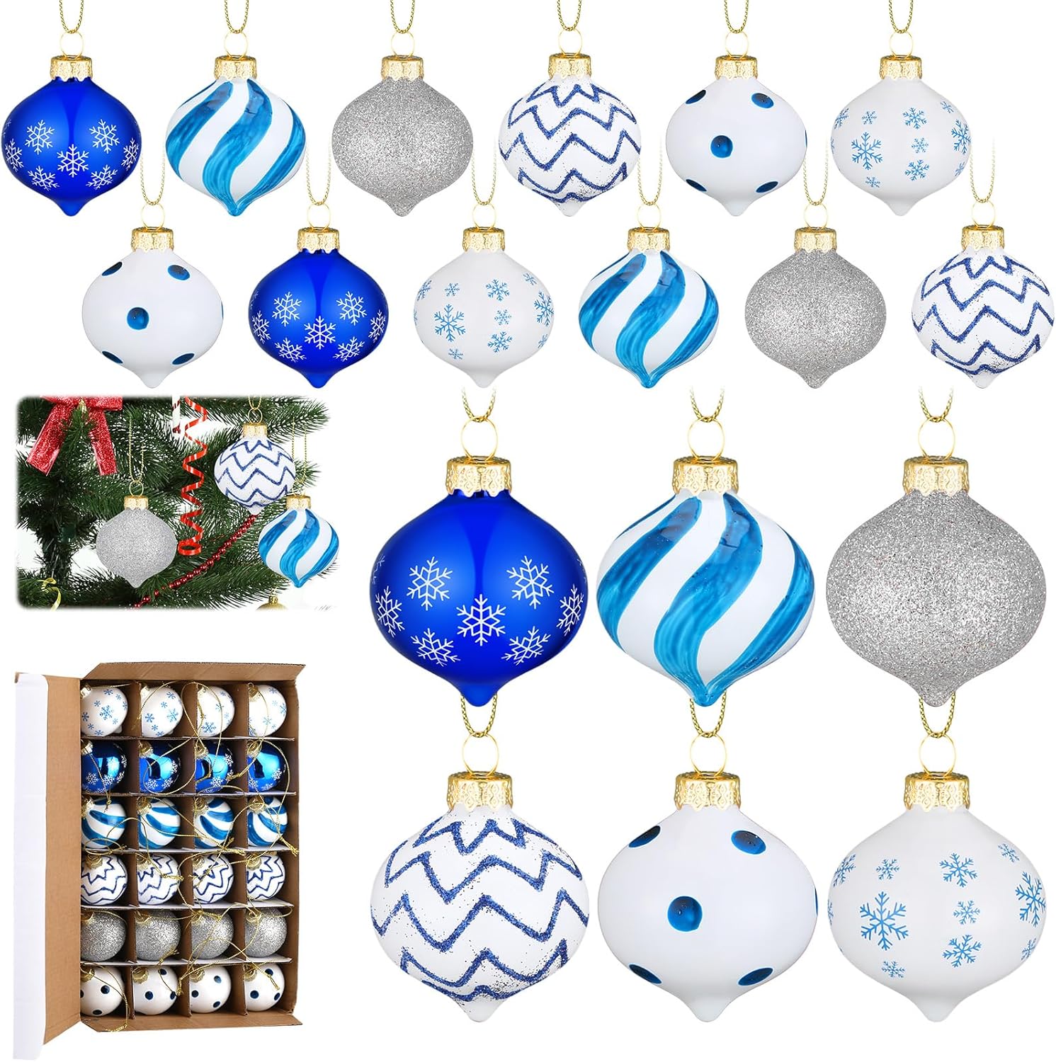 24 adornos colgantes de caramelo de menta navideña, bolas de vidrio, copos de nieve de Navidad, puntos de nieve, rayas, decoración de blanco, rojo,