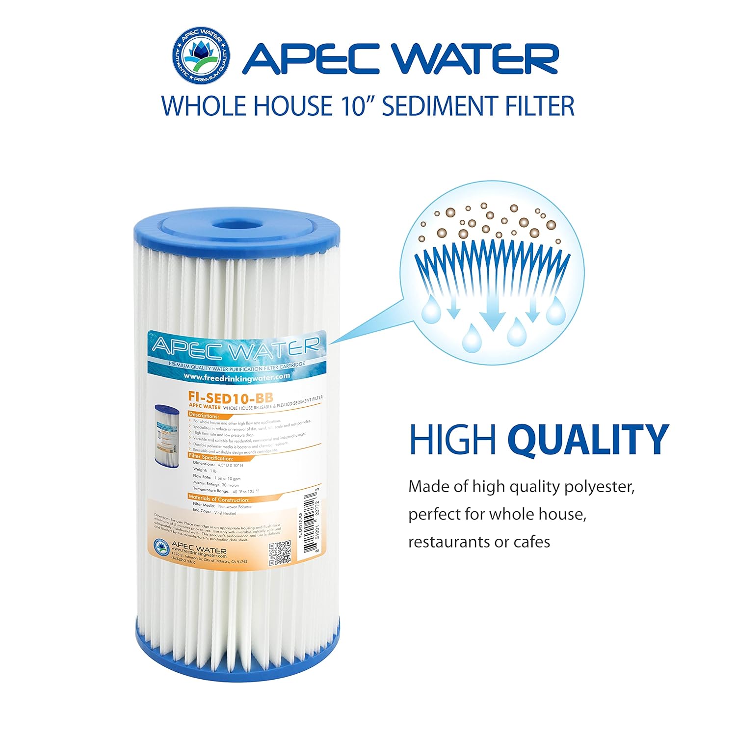 APEC Water Systems CB1-SED10-BB – Filtro de agua de sedimentos para toda la casa, sistema de filtración para el hogar, color azul