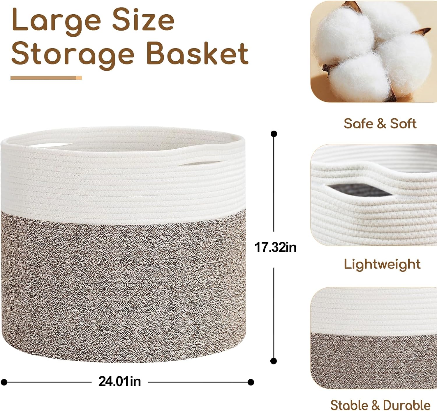 Cesta de cuerda de algodón extragrande de 24 x 24 x 17.3 pulgadas para sala de estar, canasta tejida para ropa sucia para bebé con asas, contenedor
