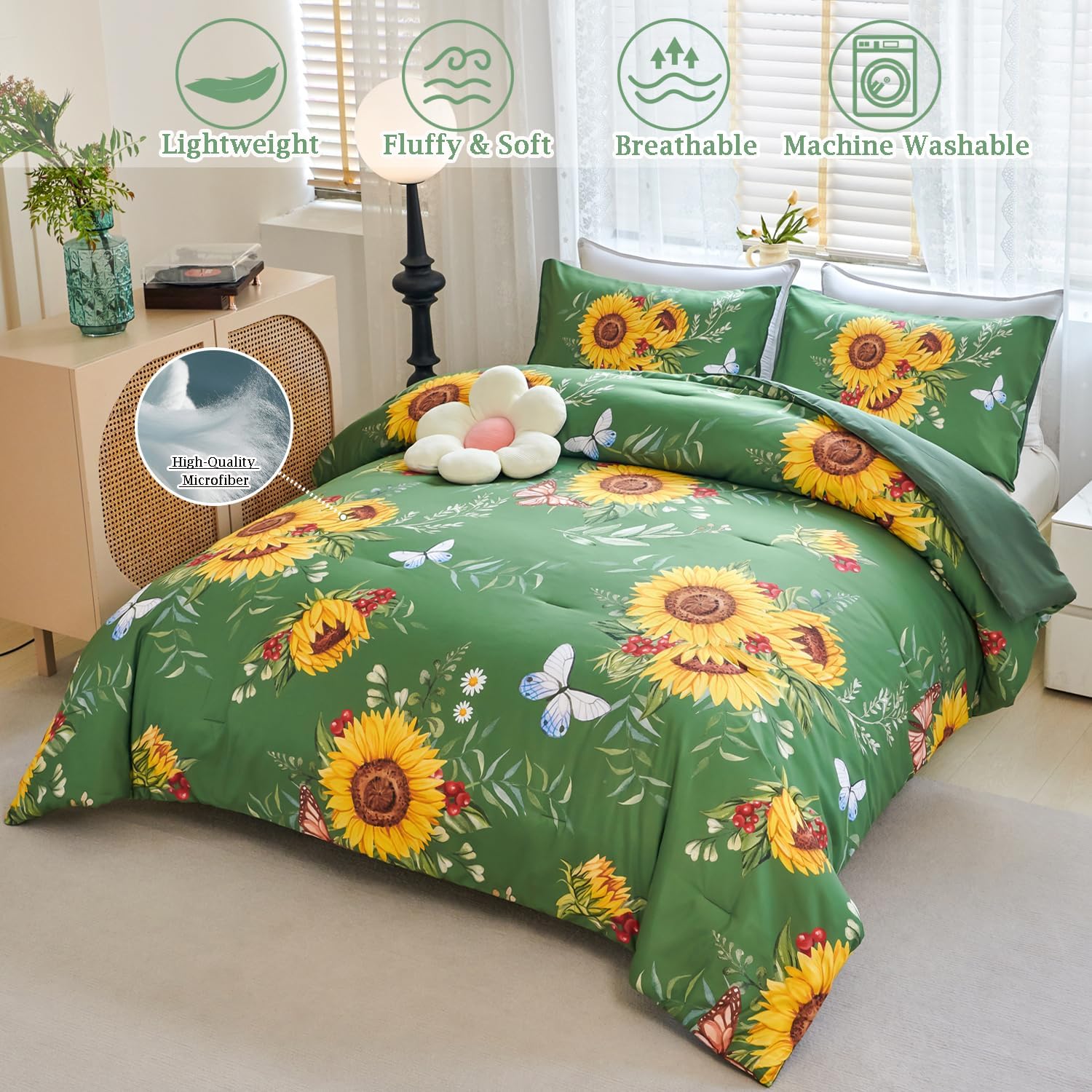 Juego de edredón verde de girasol, juego de ropa de cama de 3 piezas con flores amarillas con plumón alternativo de mariposa, juego de edredón
