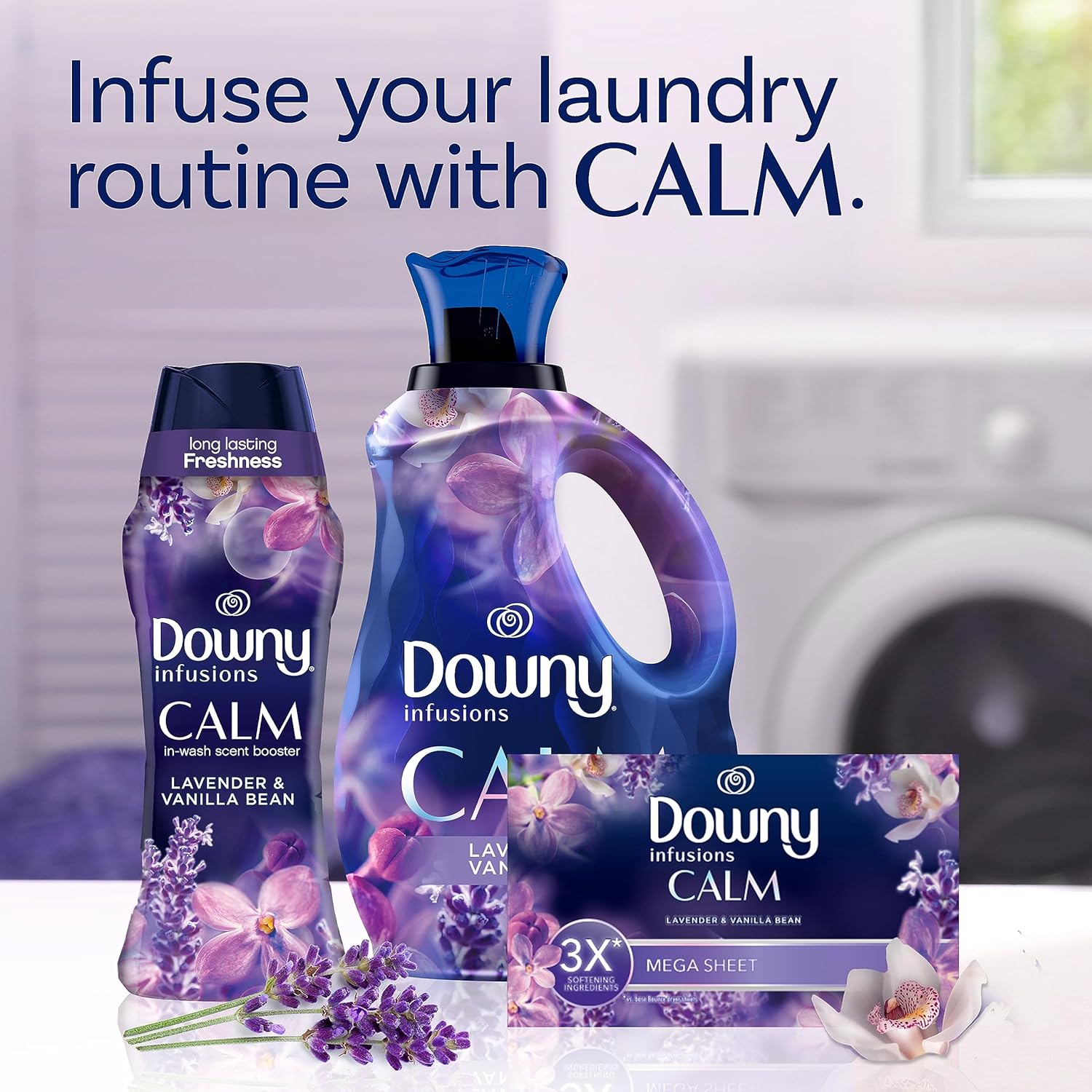 Downy Infusions – Toallitas mega para secadora, suavizante de ropa, fragancia de lavanda y vainilla (Calm), 130 unidades