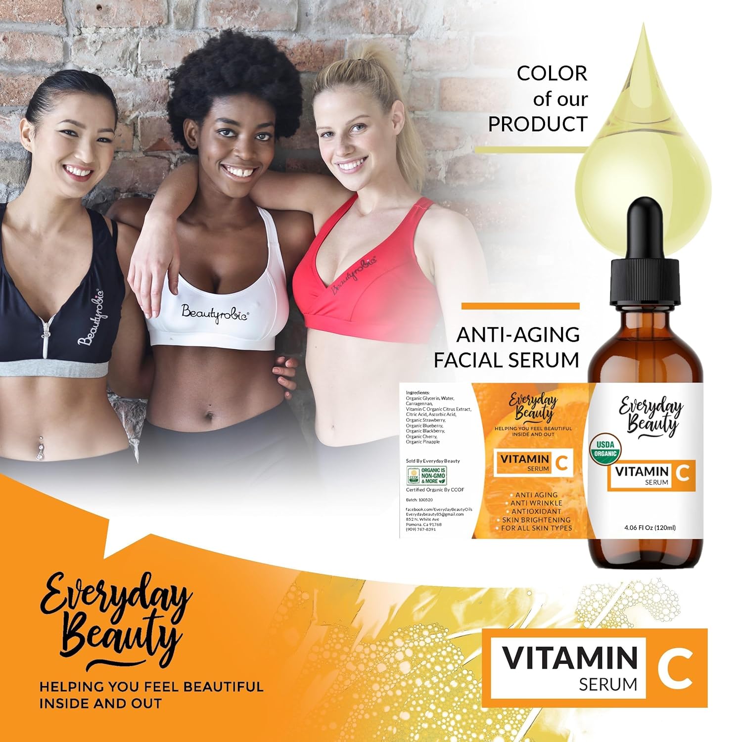 Suero orgánico de vitamina C para cara, suero facial certificado por USDA, antienvejecimiento para líneas finas y arrugas, potentes ingredientes