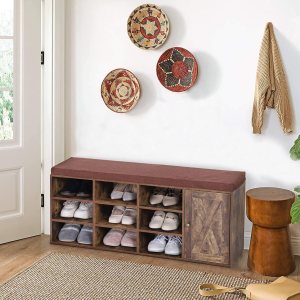 MAISON ARTS Banco de almacenamiento, zapatero con armario de puerta de granero, 9 compartimentos abiertos, cojín para entrada, pasillo, dormitorio, MAISON ARTS Banco de almacenamiento, zapatero con armario de puerta de granero, 9 compartimentos abiertos, cojín para entrada, pasillo, dormitorio,