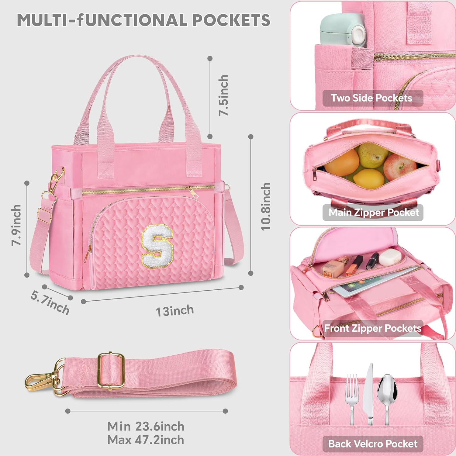 Rosa-H, bolsa de almuerzo reutilizable, adulto, 13 x 10.8 x 5.7 pulgadas, 13 pulgadas de largo x 10.8 pulgadas de ancho x 5.7 pulgadas de alto