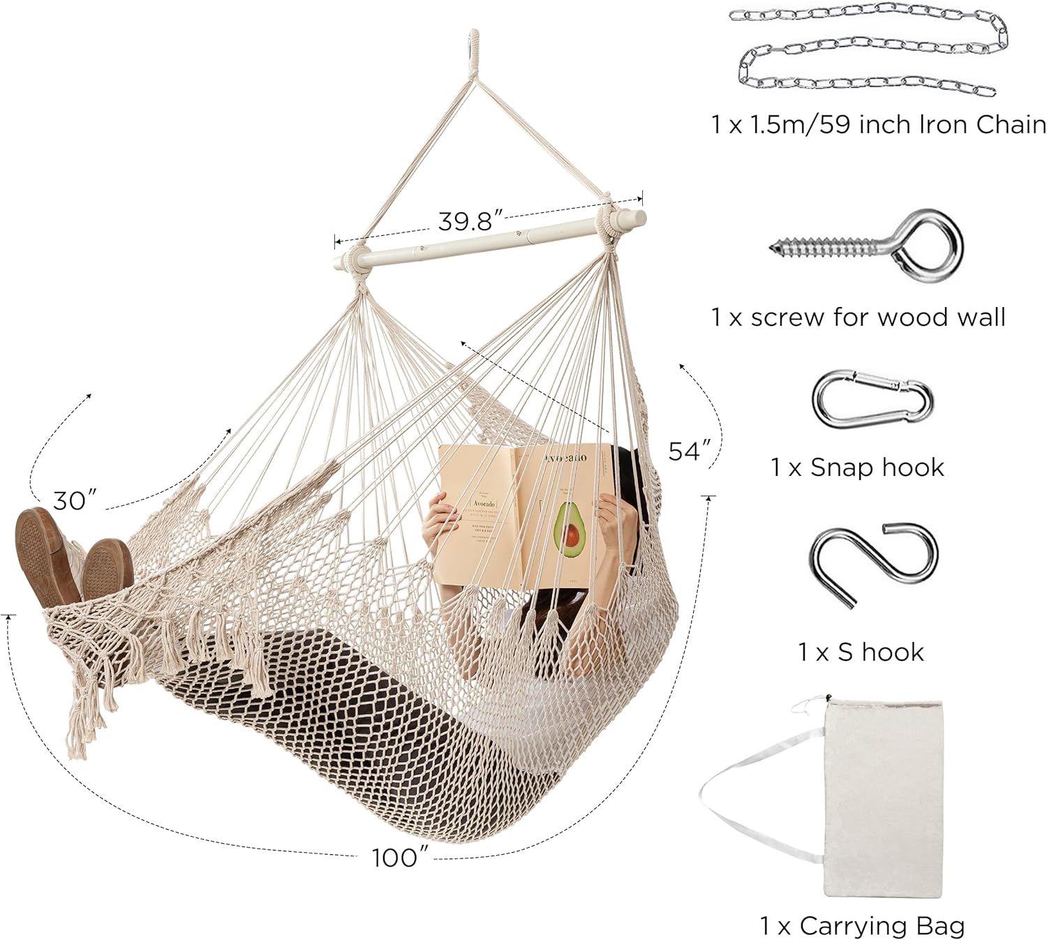 Jelofly Silla hamaca grande colgante de cuerda de algodón hilado suave, silla de tejido máximo de 330 libras, duradera y cómoda, silla columpio para