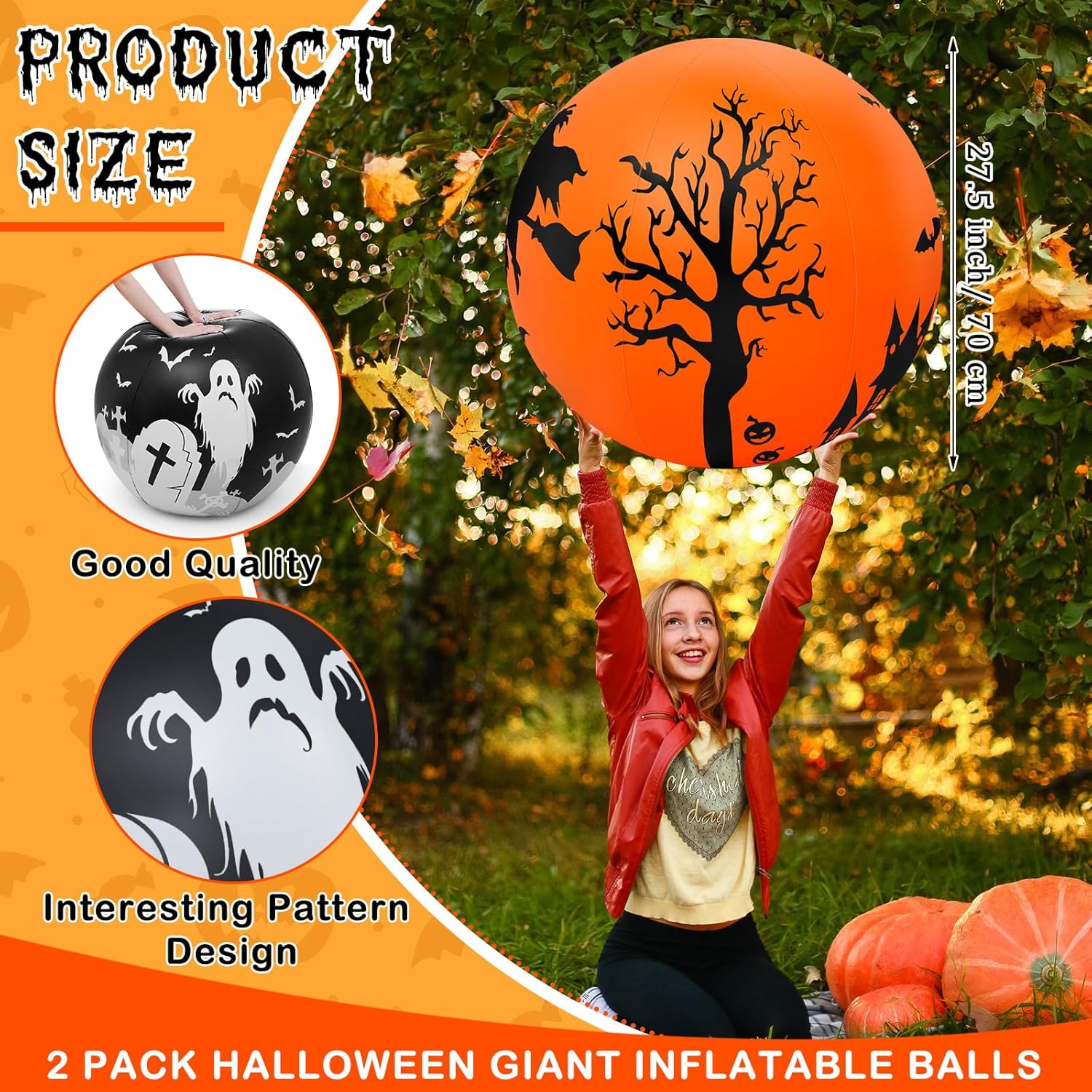 2 piezas de 27 pulgadas que brillan en la oscuridad enorme bola de Halloween con luz LED, bola inflable gigante de Halloween que brilla