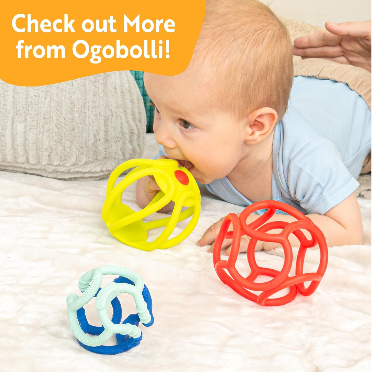 OgoBolli – Anillo de mordedor, bola sensorial táctil y sonajero para bebés y niños pequeños, elástico, esponjoso, suave, no tóxico, silicona para