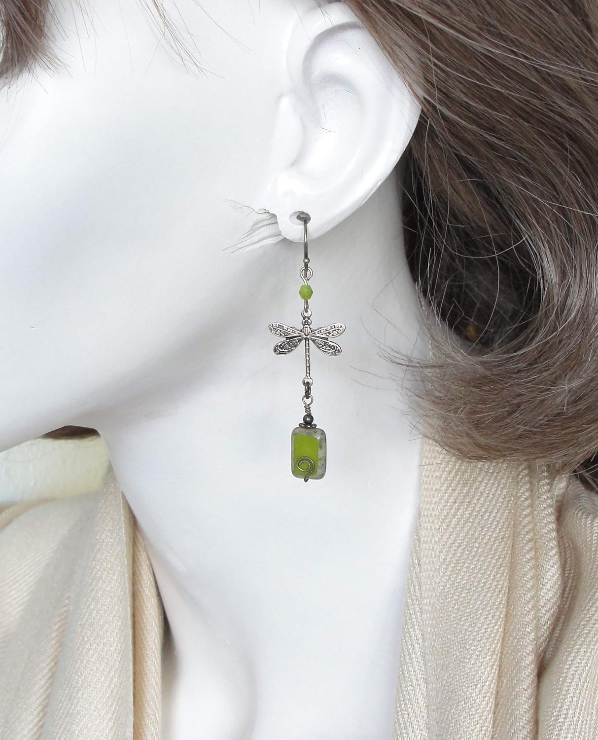 Boho Dragonfly Earrings in Olive Green and Brass