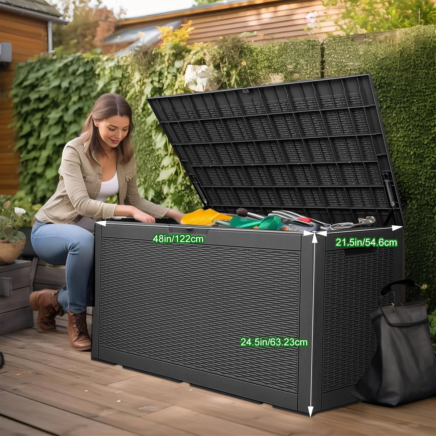 Caja de mimbre de 100 galones, contenedor de almacenamiento impermeable con cerradura para accesorios de piscina, muebles de patio, cojines,