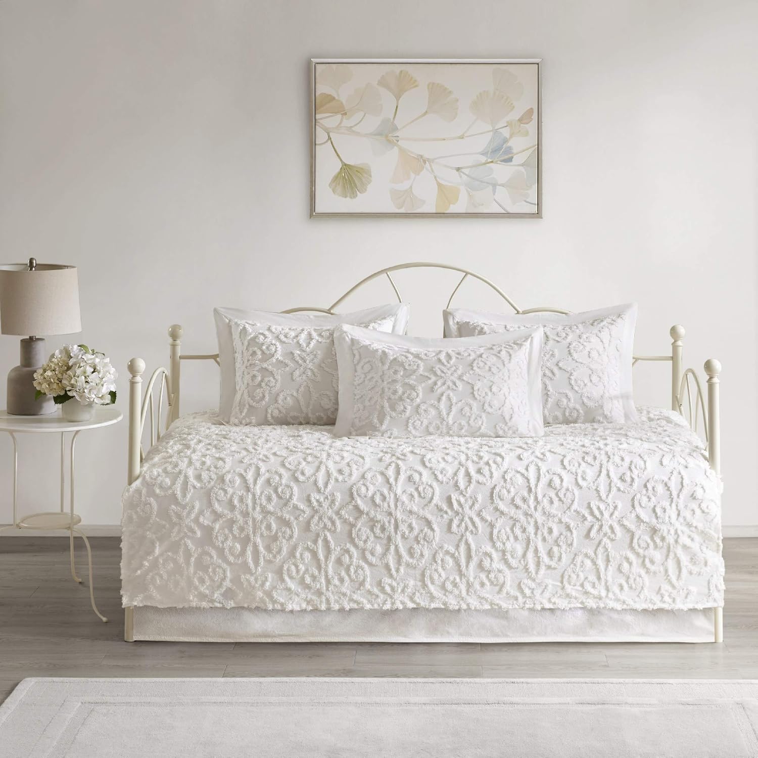 MISC Juego de cama de chenilla blanca brillante, patrón de medallón, ropa de cama de tela de algodón suave con textura, estilo Shabby Chic, 5 piezas