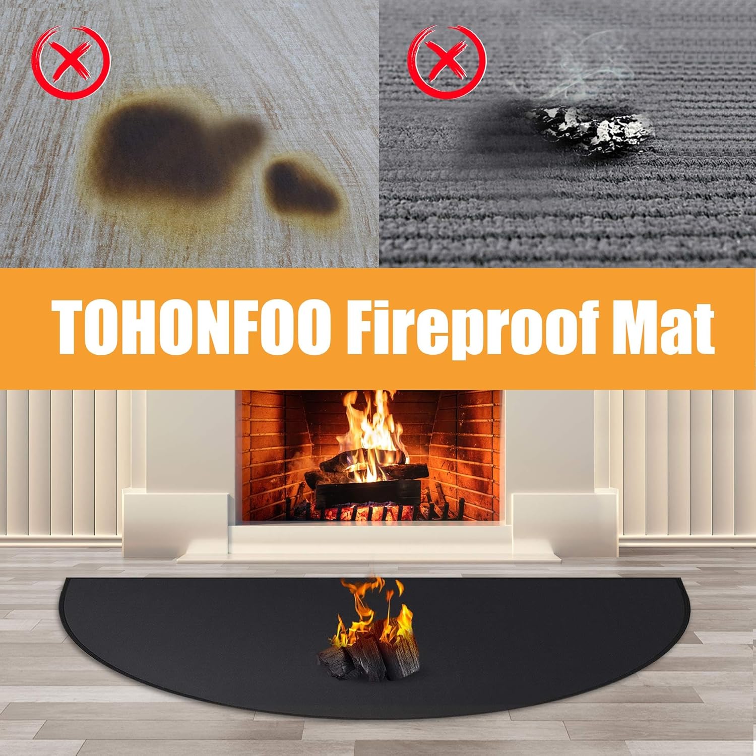 Tapete ignífugo para chimenea, 28 x 48 pulgadas, alfombra de chimenea semicircular, resistente al fuego, resistente al fuego, protege los suelos de