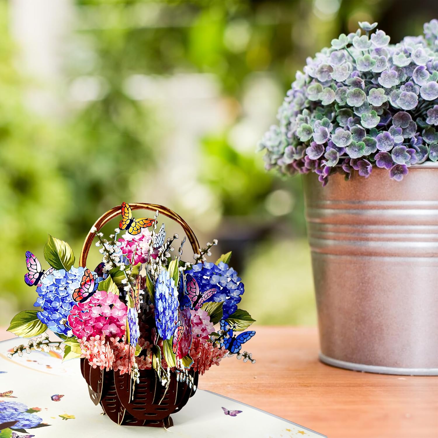 Tarjeta desplegable de cesta de hortensias – Tarjetas de felicitación de agradecimiento, cumpleaños, pensando en ti, recuperarte, día de San