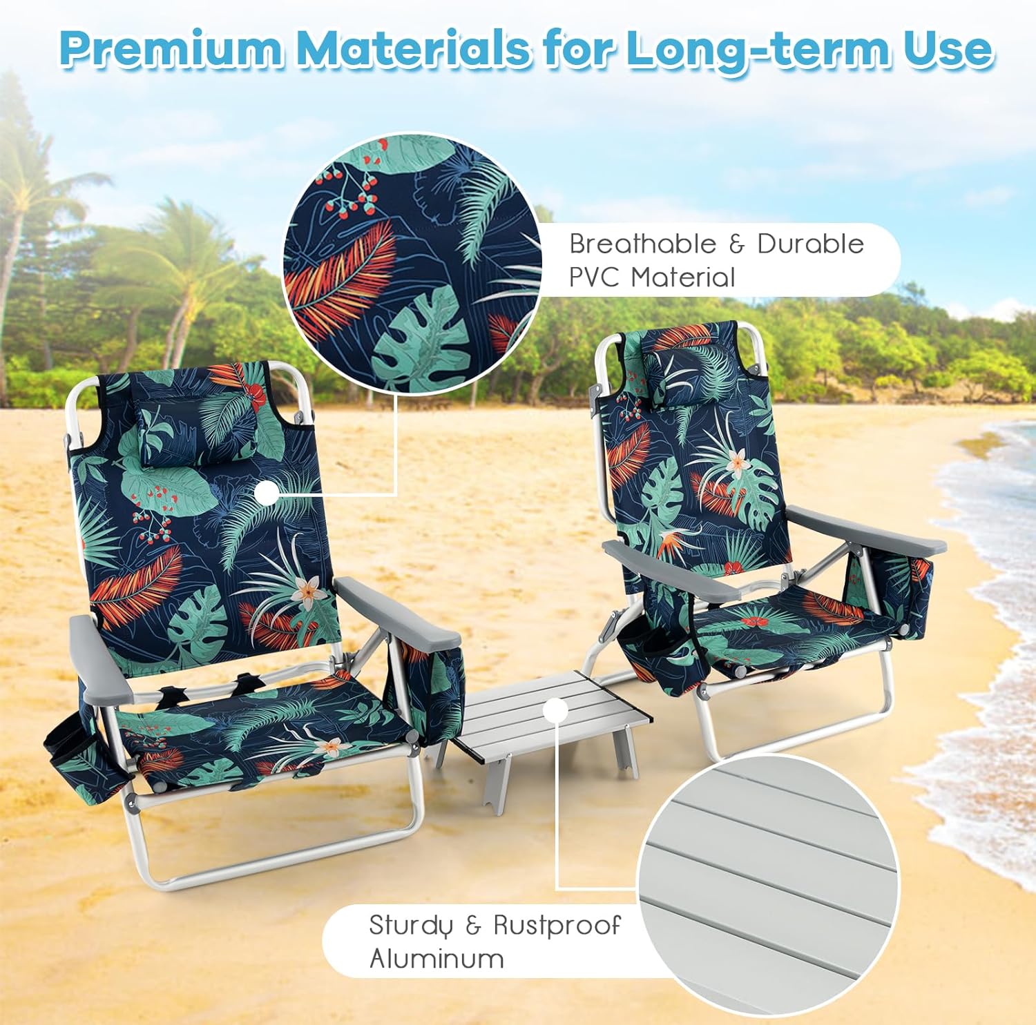 COSTWAY Juego de 2 sillas de playa plegables con mochila y sillas reclinables para exteriores, 5 posiciones, color verde palmera
