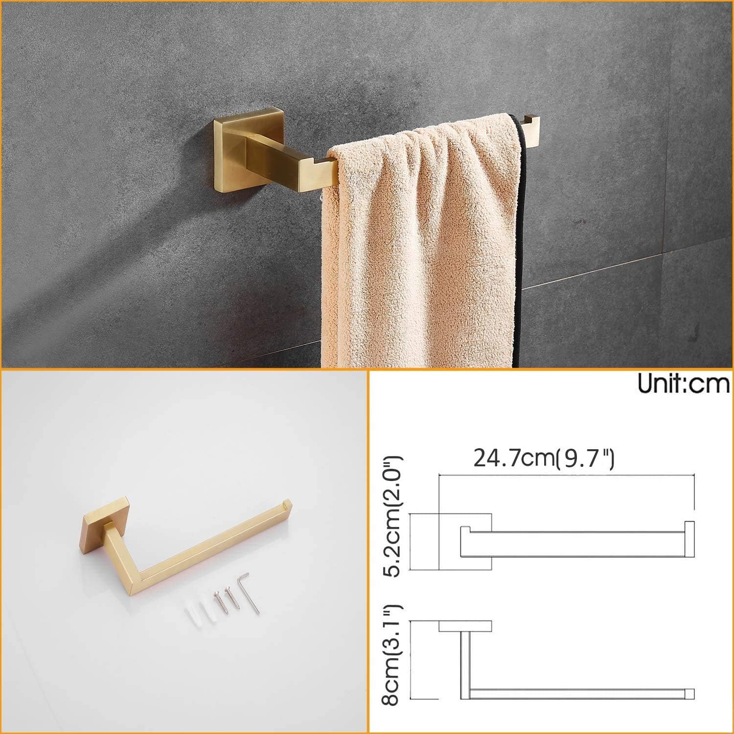 BA199SET-3BG1 – Juego de accesorios de baño dorados de 3 piezas, soporte de papel higiénico dorado montado en la pared + anillo para toalla de
